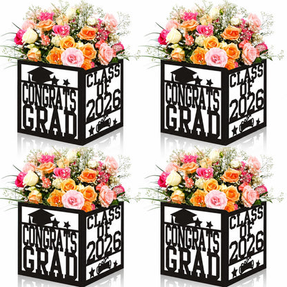 4 Pack 7x7x7.5 Inches Black and White Graduation Centerpiece Boxes with Laser-Cut 'Congrats Grad Class of 2026' Lettering, Perfect for Grad Party