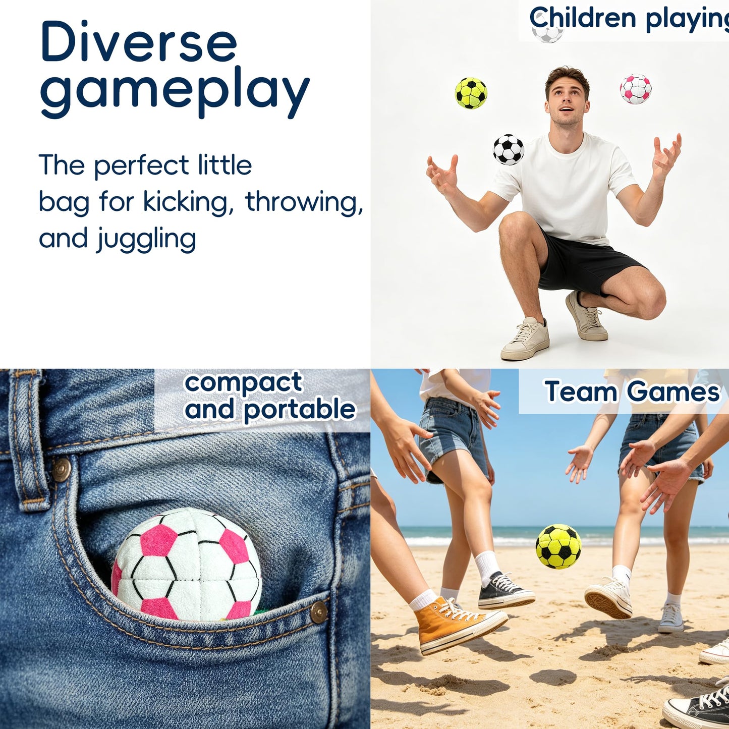 6 Pack Soccer Pattern Footbag Set - Handmade Crochet Kick Sack Balls for Adults & Beginners, Colorful Juggling Footbags, Pellet Filled Balance Toy