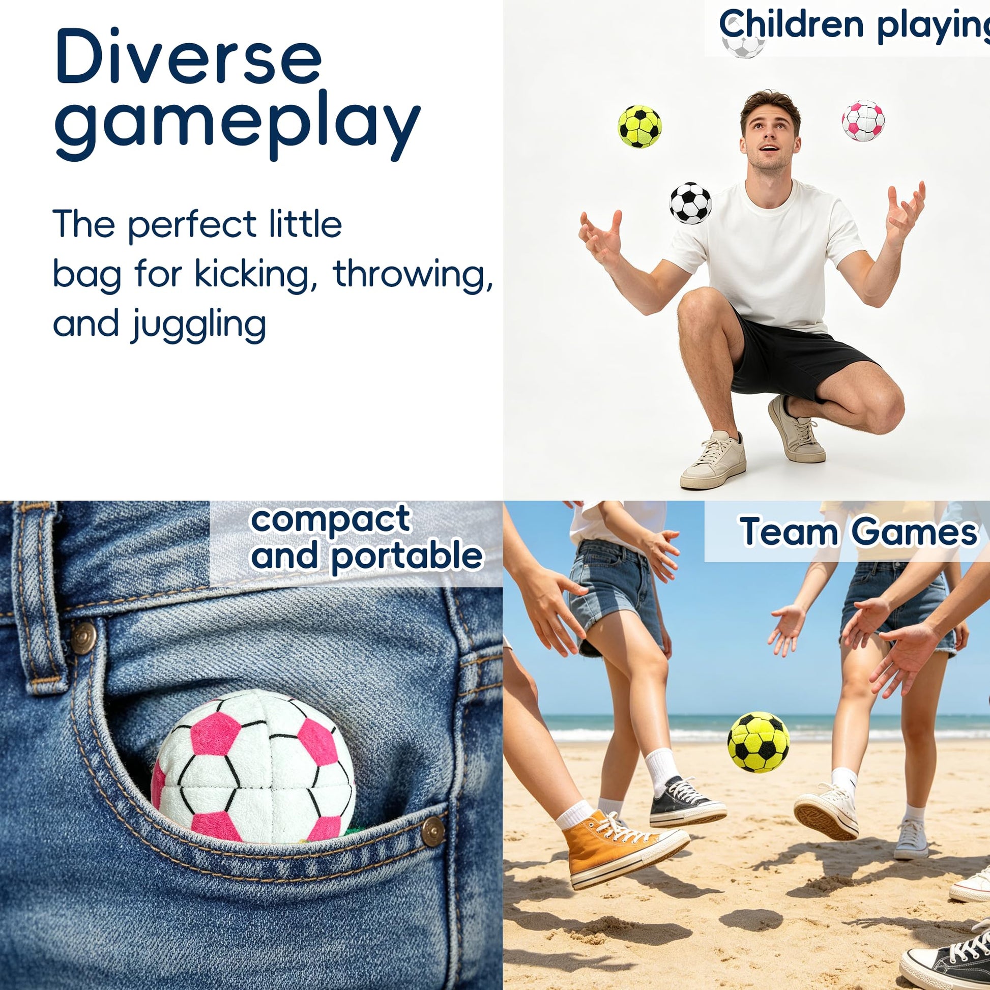 6 Pack Soccer Pattern Footbag Set - Handmade Crochet Kick Sack Balls for Adults & Beginners, Colorful Juggling Footbags, Pellet Filled Balance Toy
