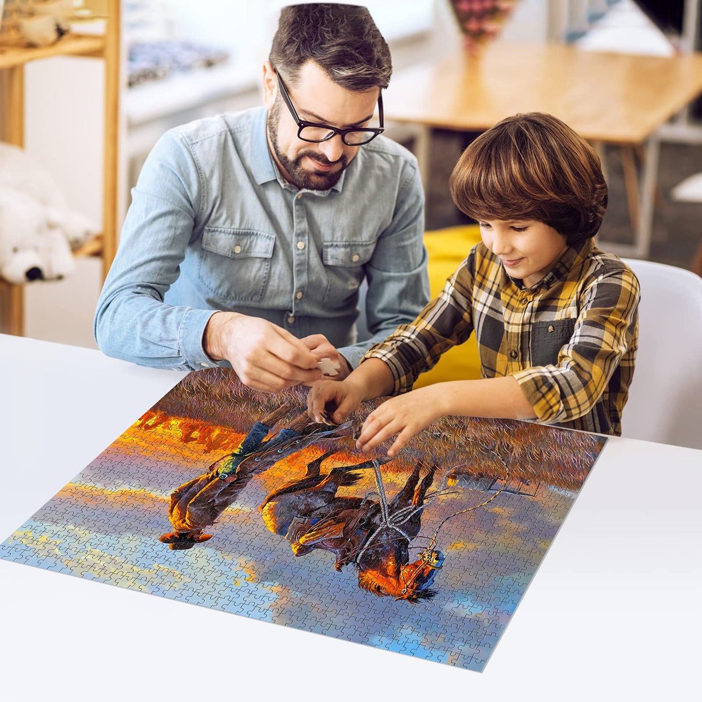 najiaxiaowu Wooden 1000 Pieces Jigsaw Puzzles for Adults, Elderly or Kids, Western Cowboy Rider Prairie Wind Flower Puzzle for Family Parent-Child