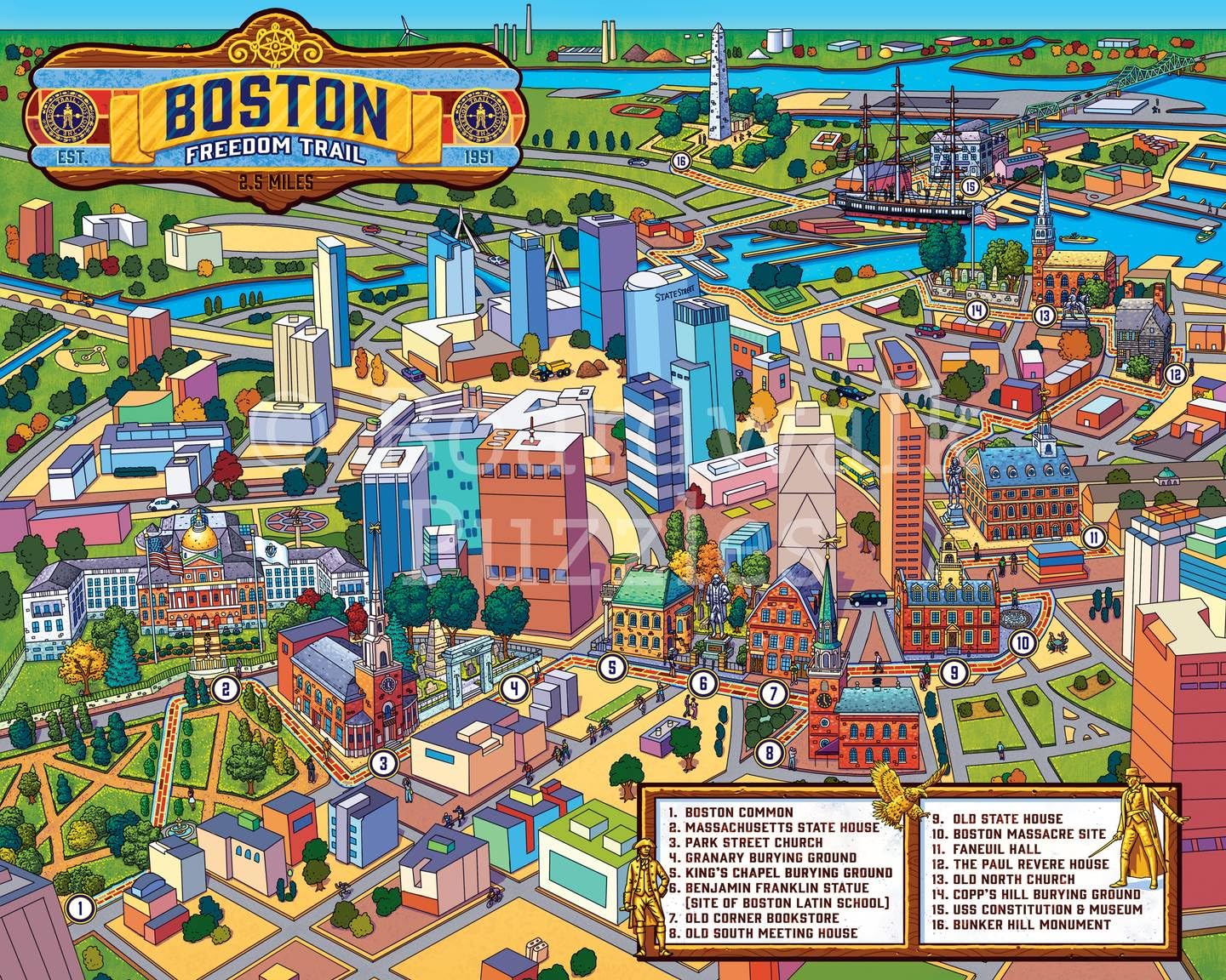 Boardwalk Boston Freedom Trail 1000 Piece Jigsaw Puzzle Historic Massachusettes Map Puzzles with Premium Box, Gift for Adults and Family 19"x26"