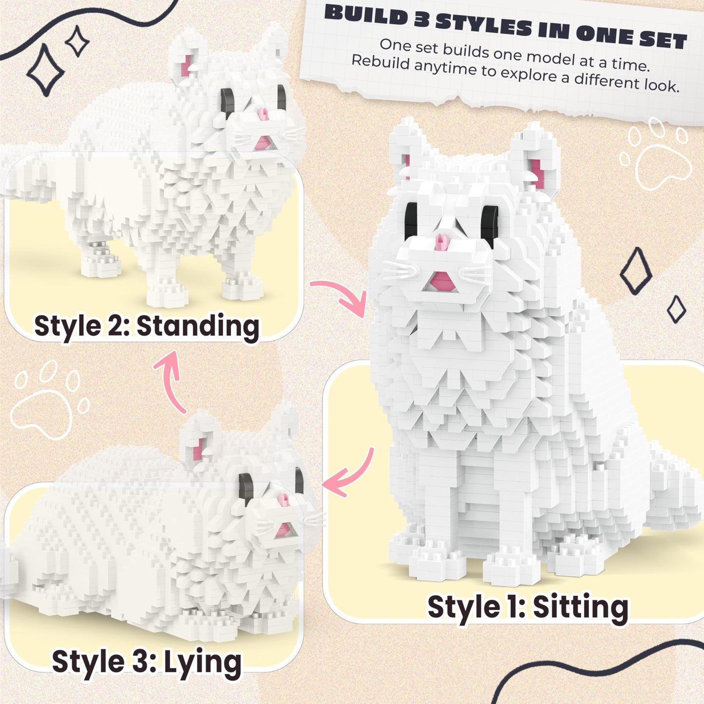 IBLOTIME 3 in 1 Persian Cat Mini Building Blocks Set, 1116 PCS Micro Building Kit for Adults & Teens, Small Brick Animal Model, Desk Decor Display