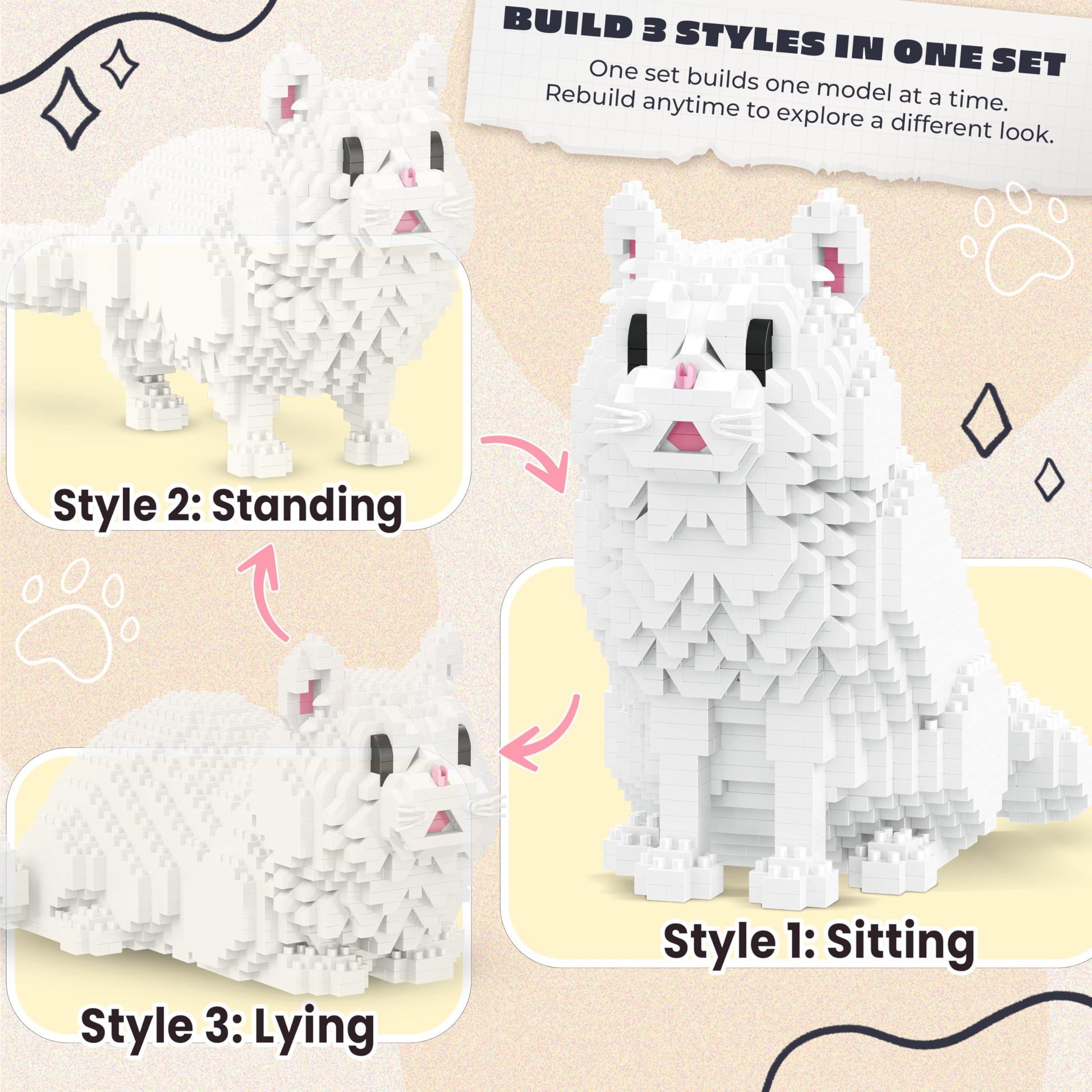 IBLOTIME 3 in 1 Persian Cat Mini Building Blocks Set, 1116 PCS Micro Building Kit for Adults & Teens, Small Brick Animal Model, Desk Decor Display