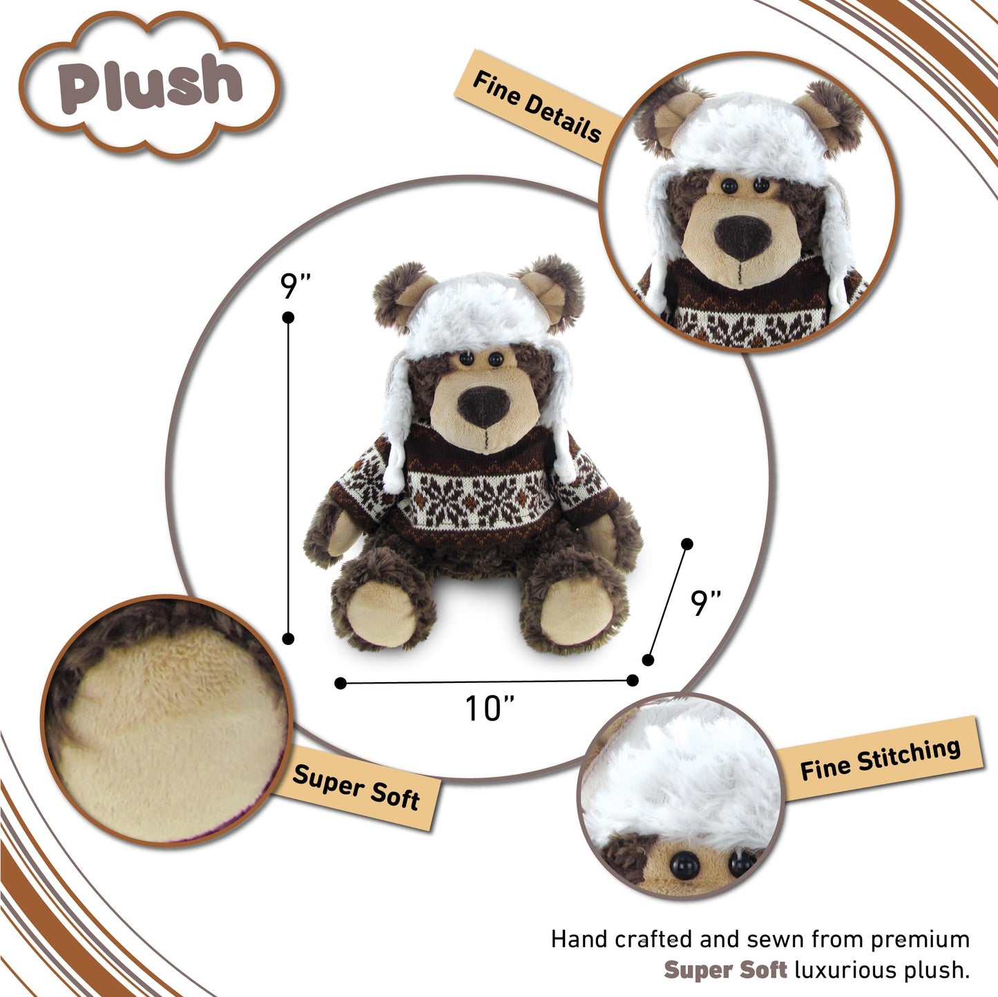 DolliBu Plush Grizzly Bear Stuffed Animal - Soft Plush Huggable Brown Grizzly Bear Wearing Hat & Sweater, Adorable Toy Wild Life Cuddle Gifts for Kids