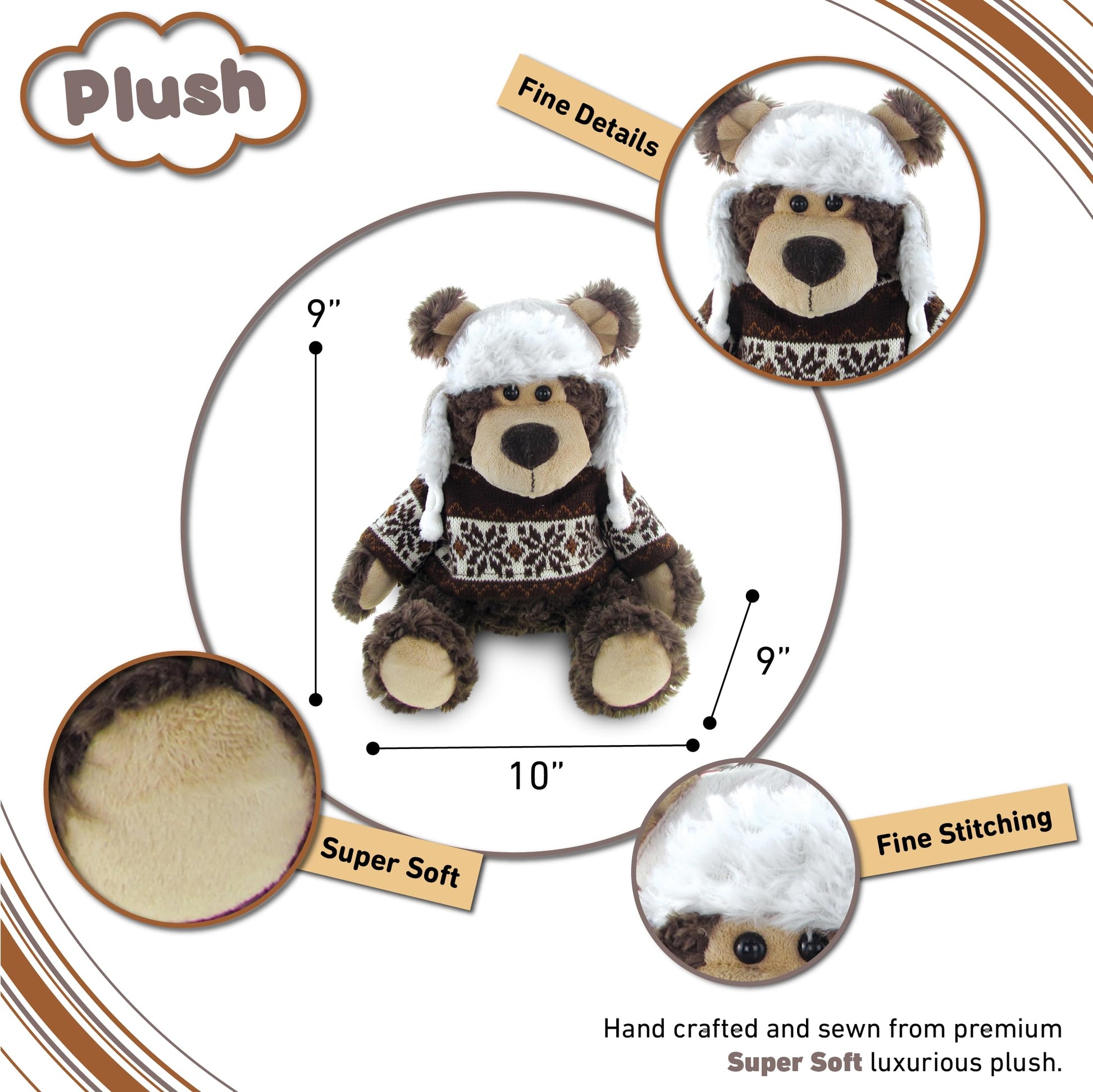 DolliBu Plush Grizzly Bear Stuffed Animal - Soft Plush Huggable Brown Grizzly Bear Wearing Hat & Sweater, Adorable Toy Wild Life Cuddle Gifts for Kids