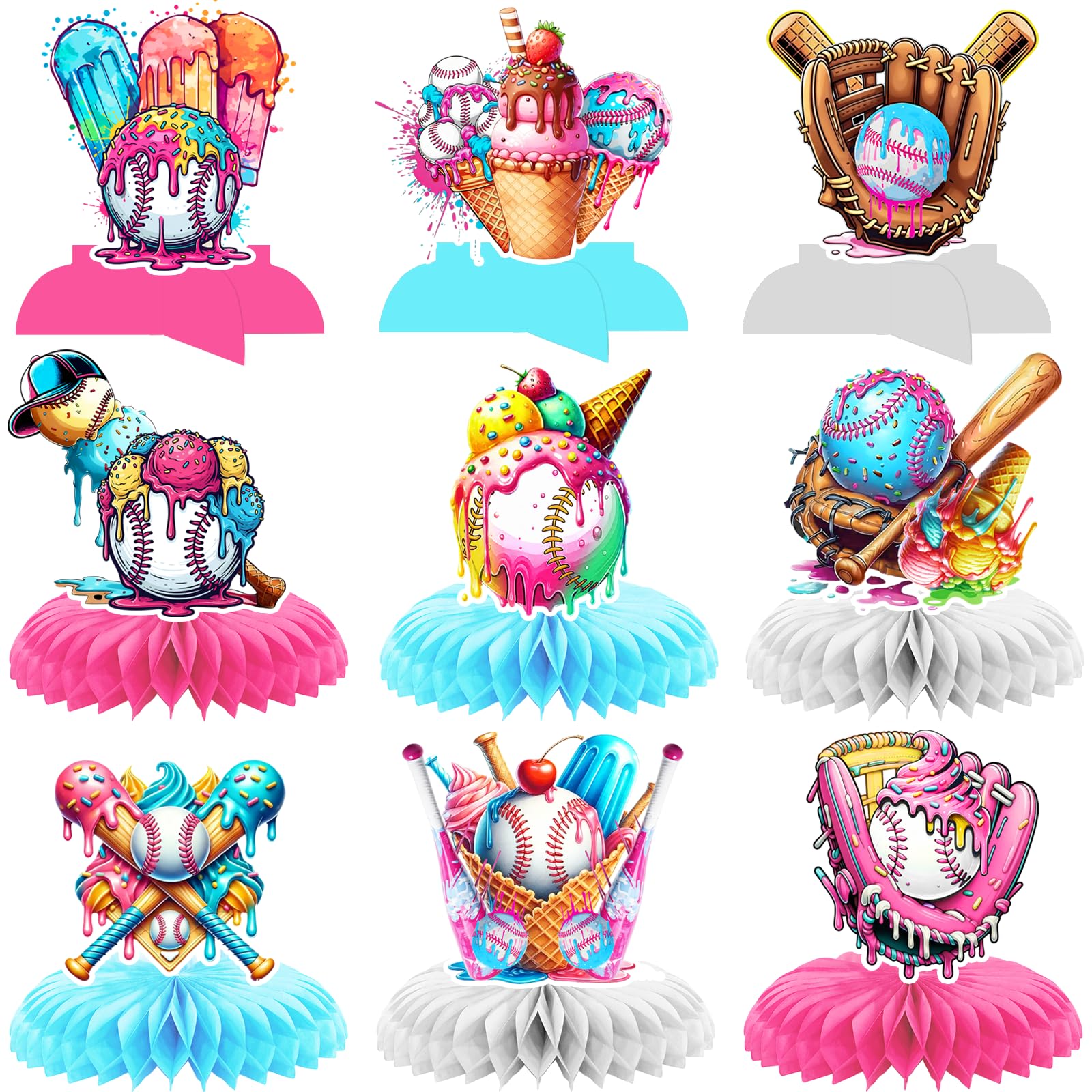 Baseball Drip Birthday Party Centerpieces: 9Pcs Ice Cream Drip Baseball Party Decorations Ice Cream Baseball Drip Party Decorations