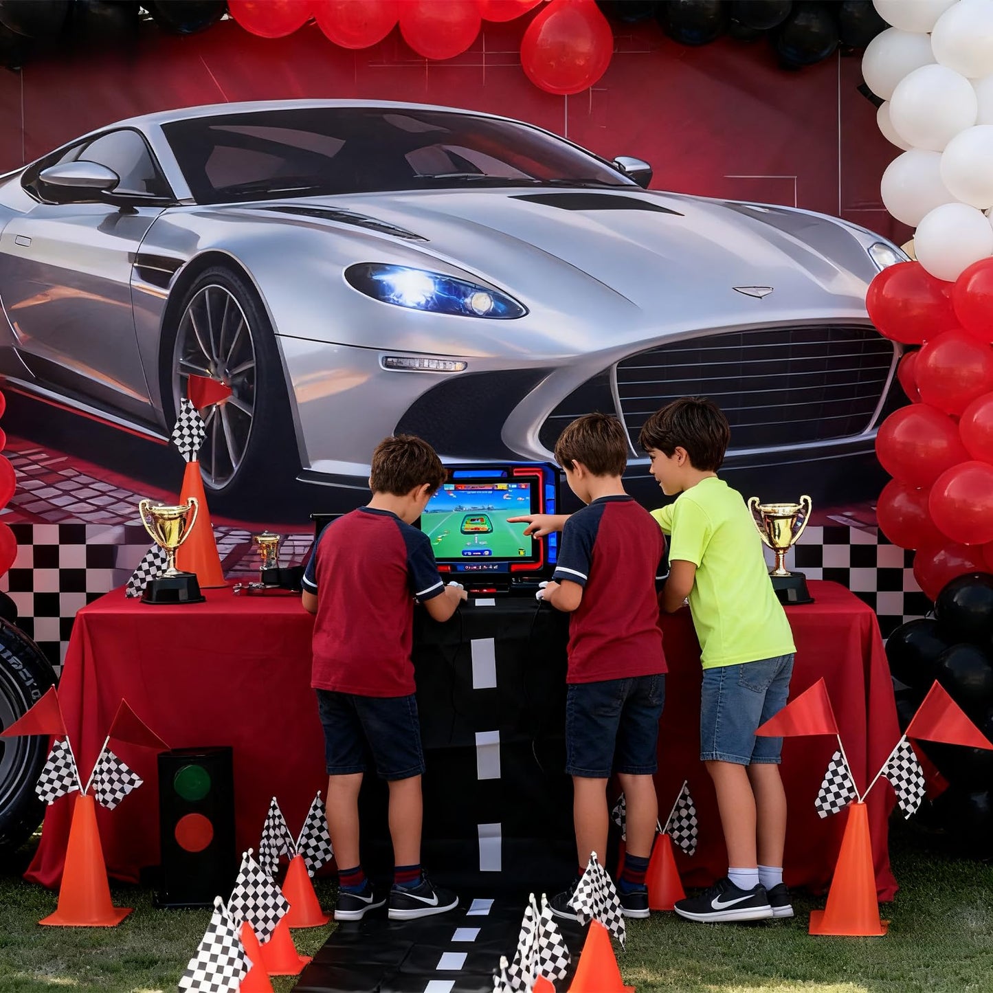 Racing Car Birthday Party Decoration - 12 orange cones (7", holes on top) & 24 flags. Suitable for quick center decorations for race-themed events
