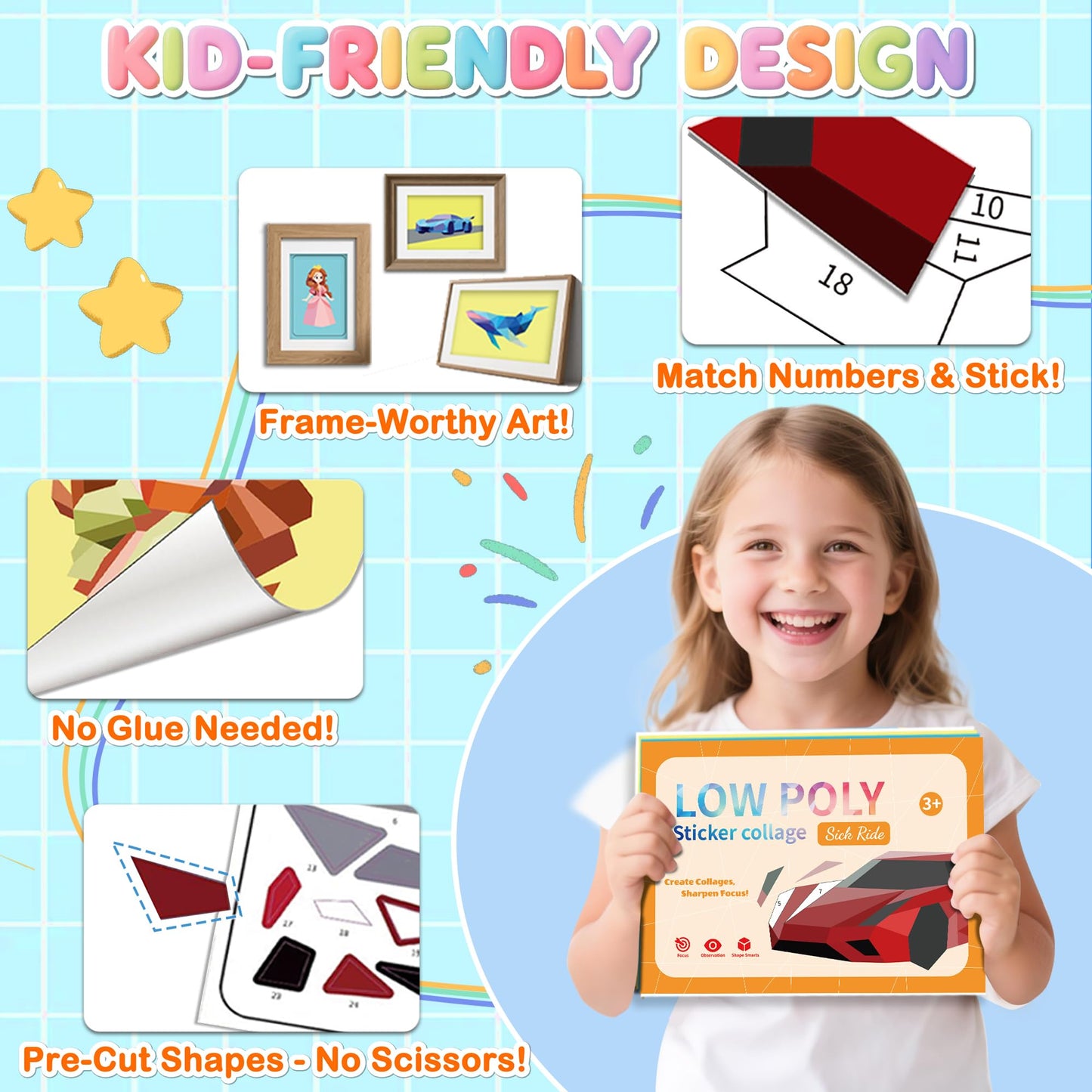 3 Packs in 1 Large Sticker Paint Books for Kids Ages 4-8, Create 24 Pictures, Perforated for Easy Tearing Vehicle & Princess & Animal, Sticker by