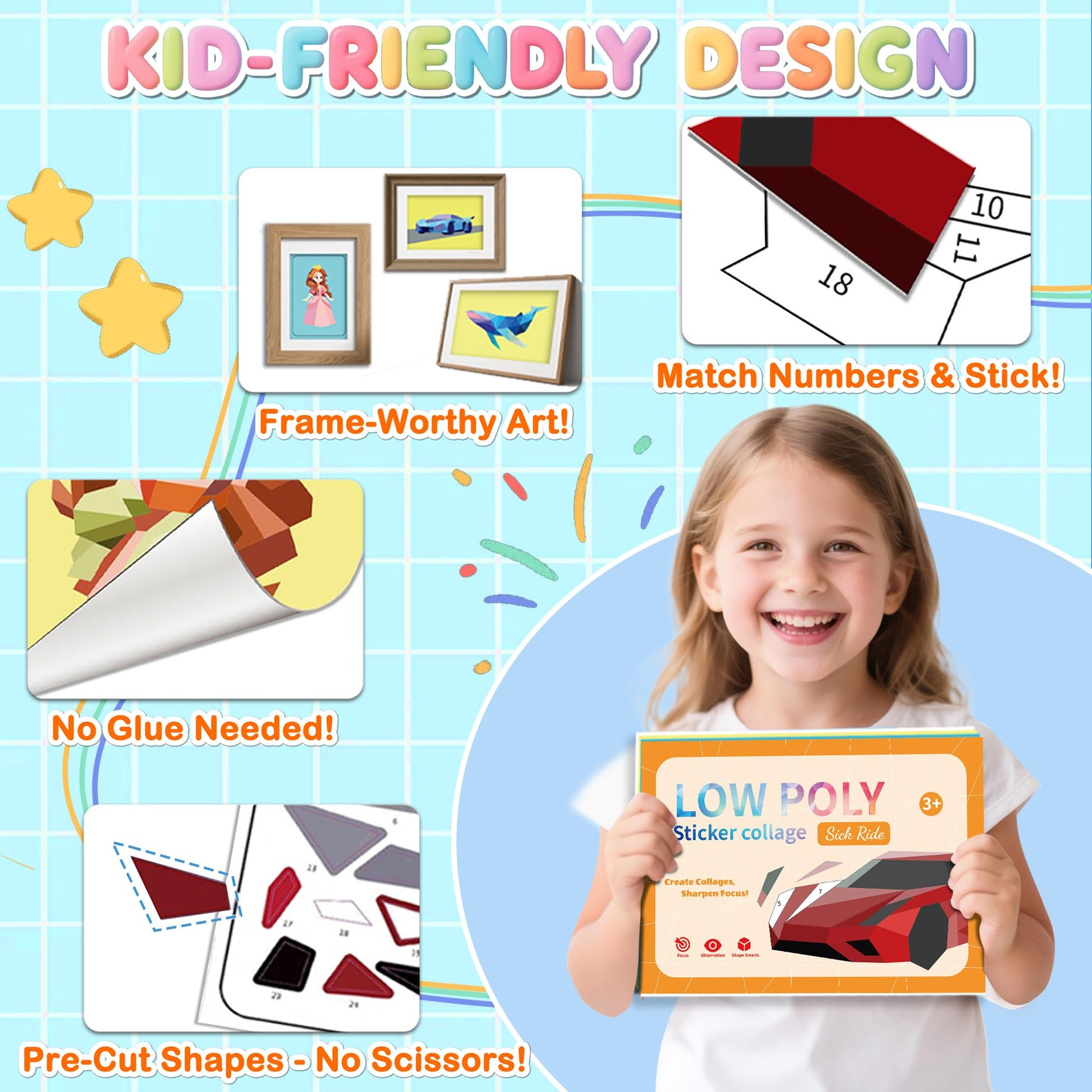 3 Packs in 1 Large Sticker Paint Books for Kids Ages 4-8, Create 24 Pictures, Perforated for Easy Tearing Vehicle & Princess & Animal, Sticker by