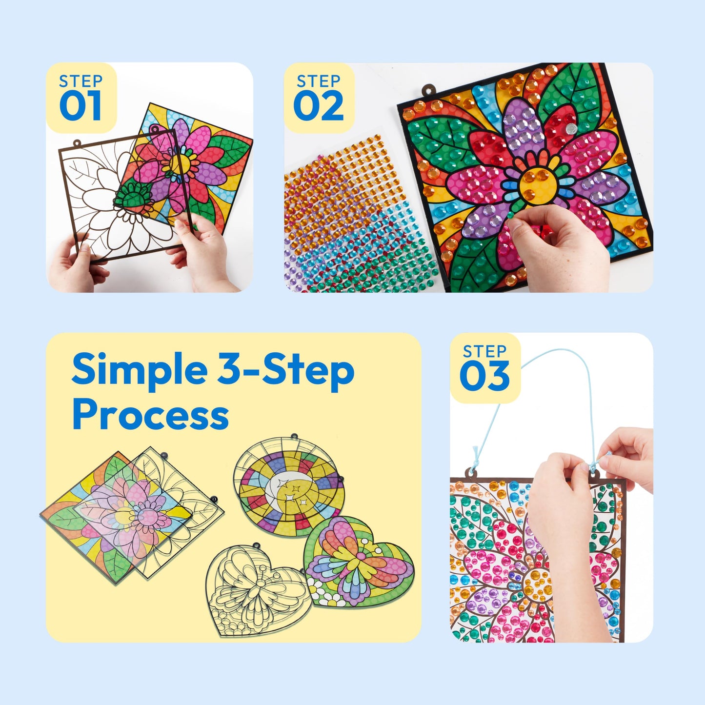Klever Kits 4PCS Window Art Suncatcher Kits, Fun Gem Painting Kits, Diamond Art and Crafts for Boys Girls, Great Crafts Gift for Kids Birthdays