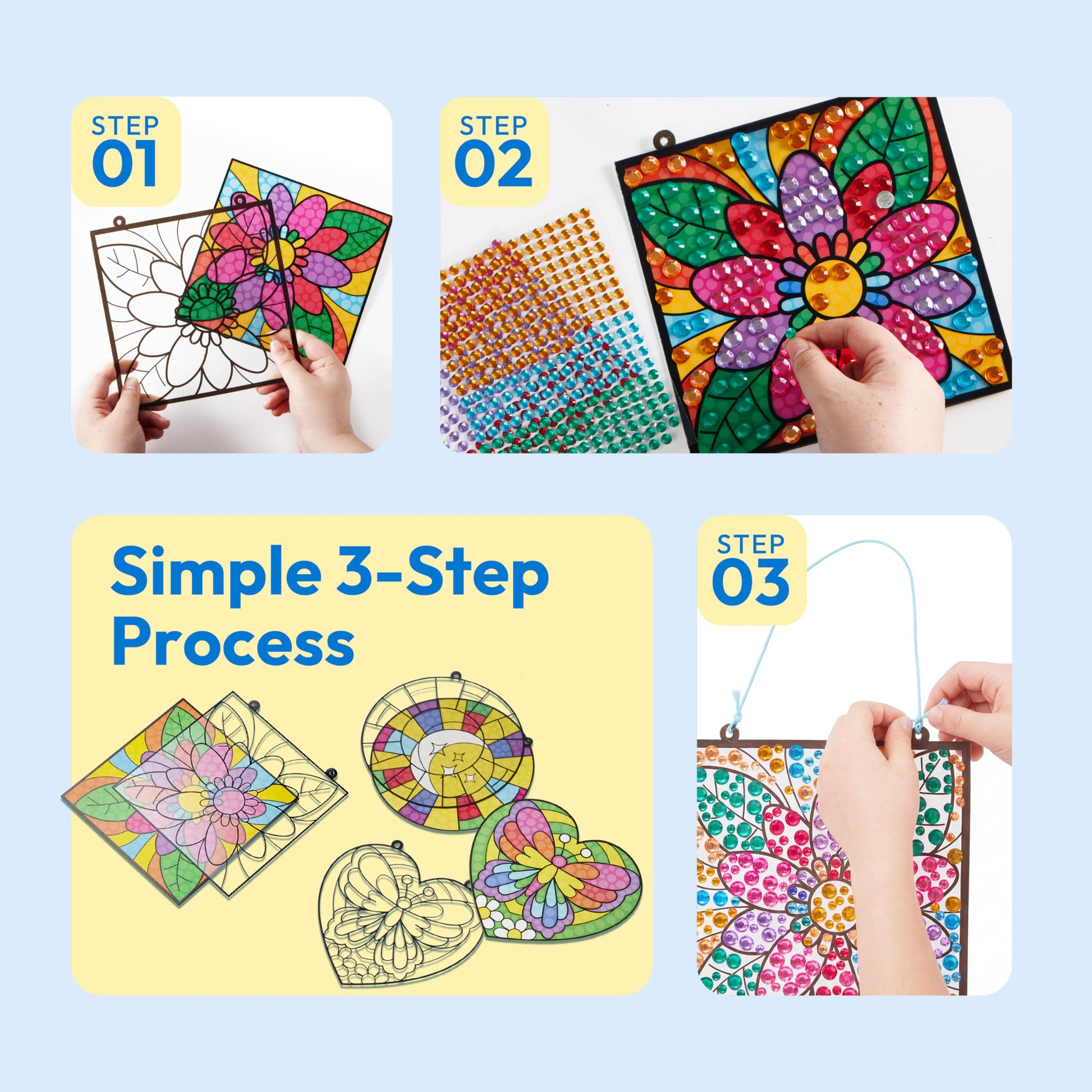 Klever Kits 4PCS Window Art Suncatcher Kits, Fun Gem Painting Kits, Diamond Art and Crafts for Boys Girls, Great Crafts Gift for Kids Birthdays