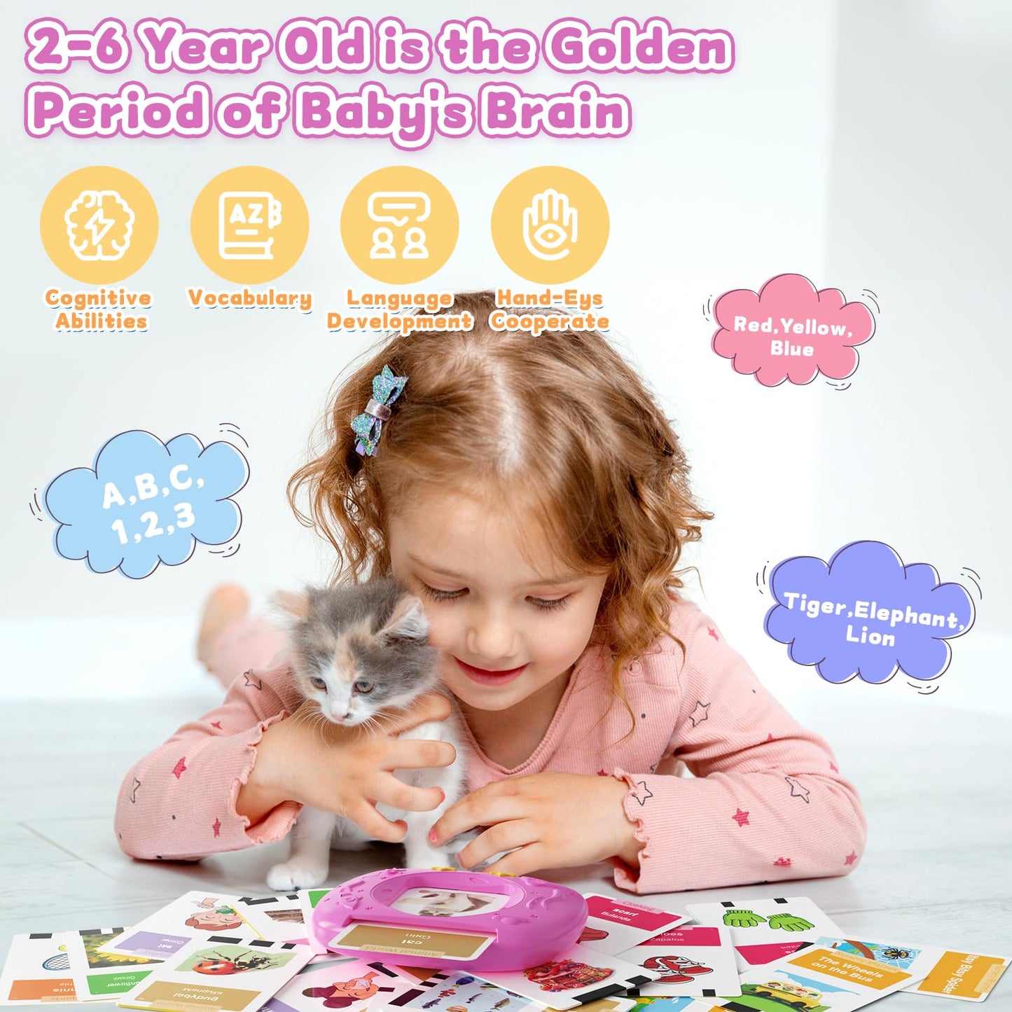 HOMESTEC Toddlers Bilingual Spanish & English Talking Flash Cards, Pink