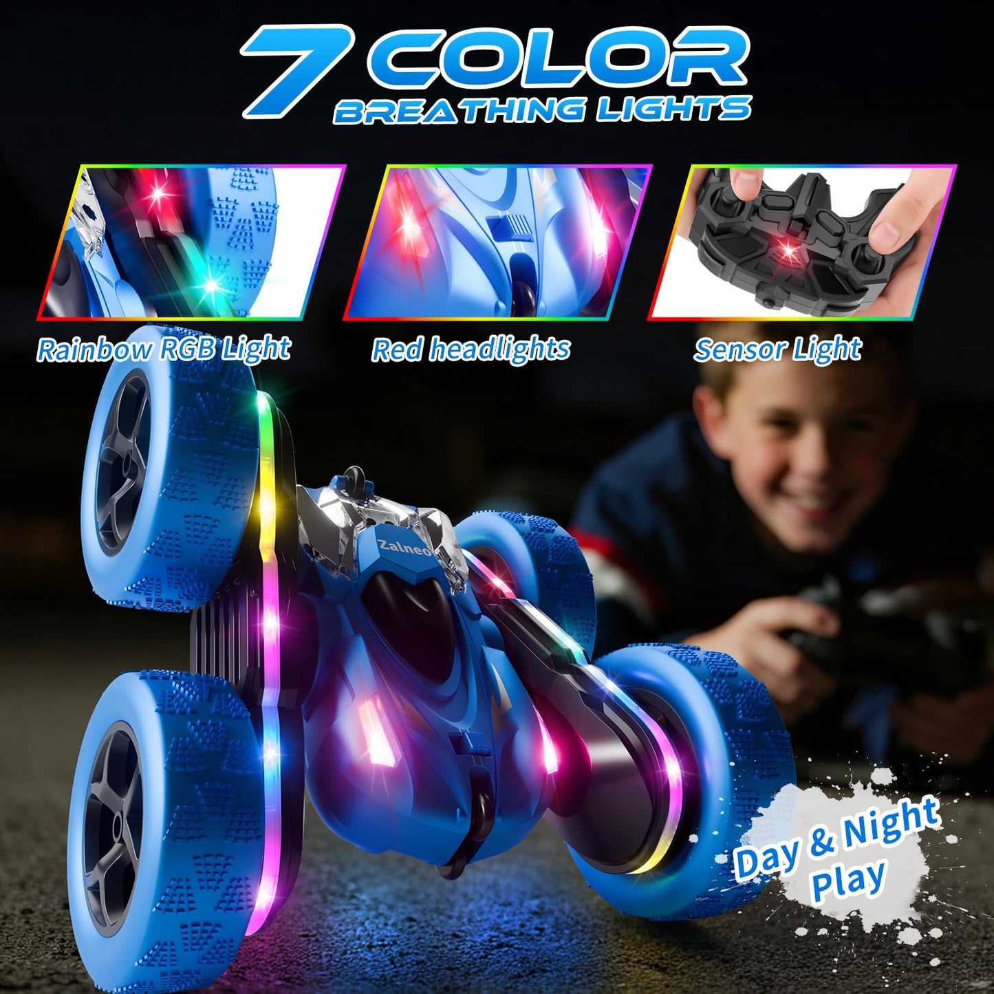 Zalneo Remote Control Stunt Car 4WD 360° Flip Double?Sided RC Cars, LED Light Bar, USB?C Modular Battery, 2.4 GHz Outdoor Beach Toy for Boys 6?12
