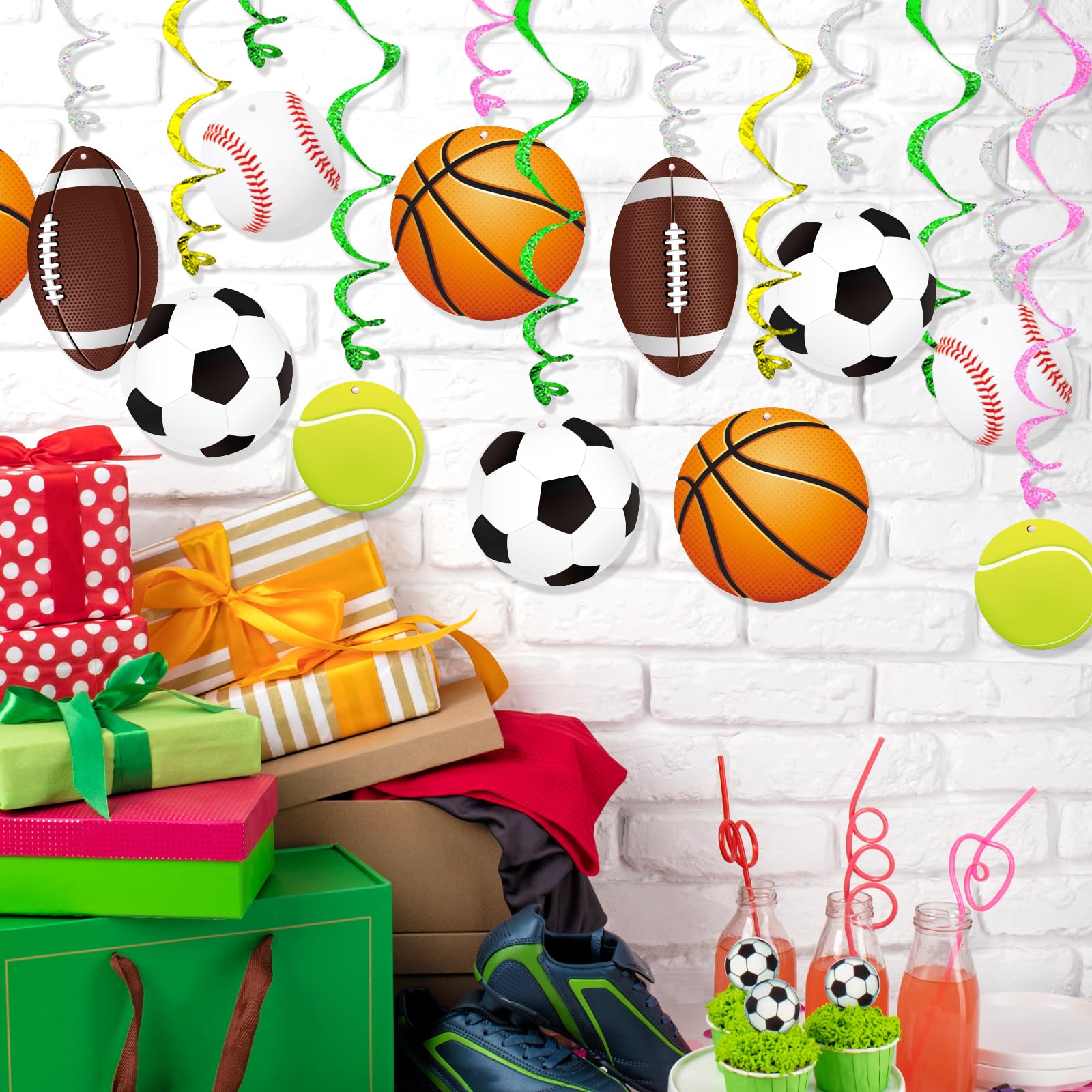 MoShining Sports Hanging Swirls Banner Decor 60 Pieces Foil Ceiling Hanging Swirls Streams Banner Decorations Garland for Kids Sport Celebrating