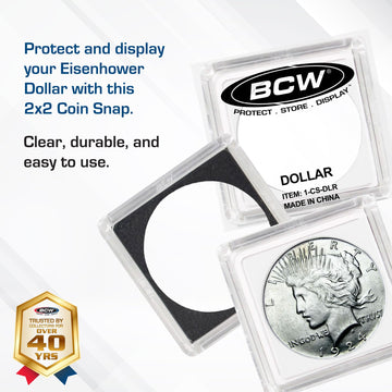 BCW 2x2 Coin Snap - Dollar - 25ct | Coin Holder Case for 38.5mm US Eisenhower Dollar | Snap Together Design | Stackable, Coin Collecting Supplies |