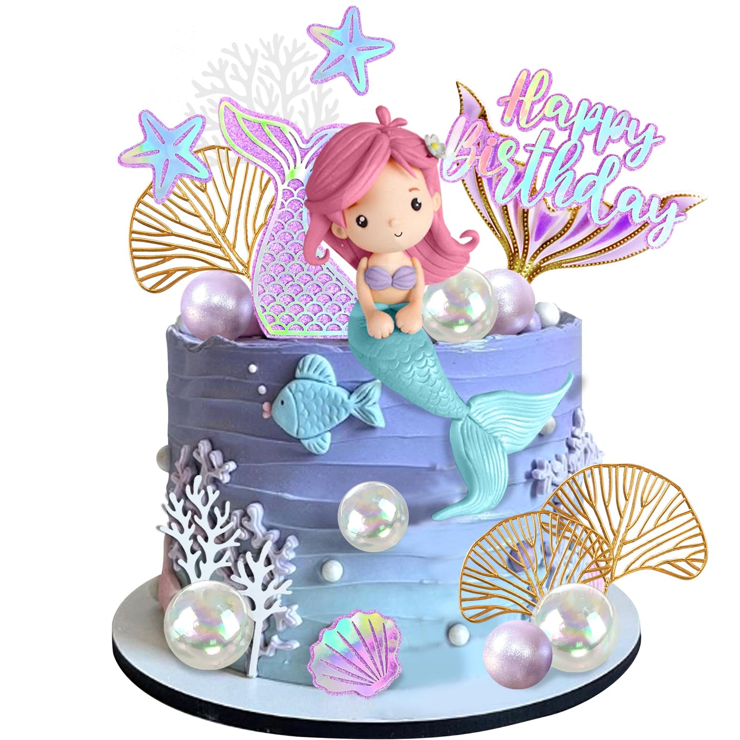 Mermaid Cake Toppers with Shell Starfish Fishtail Balls for Mermaid Birthday Supplies (Style1)