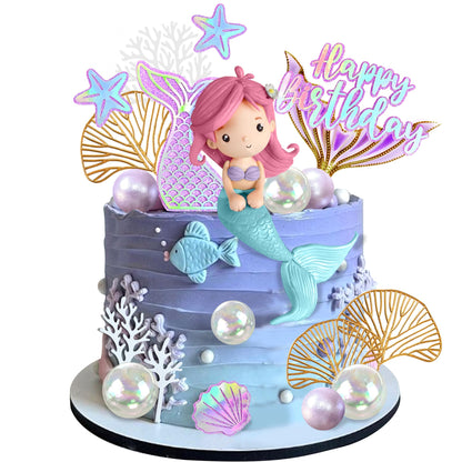 Mermaid Cake Toppers with Shell Starfish Fishtail Balls for Mermaid Birthday Supplies (Style1)