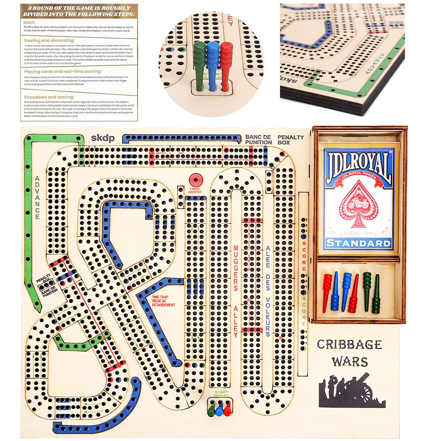 Cribbage Wars Board Game,2025 Wooden Cribbage Board Game Set Traps Games Classic Night Bar Games for Families with Built-in Storage Compartment
