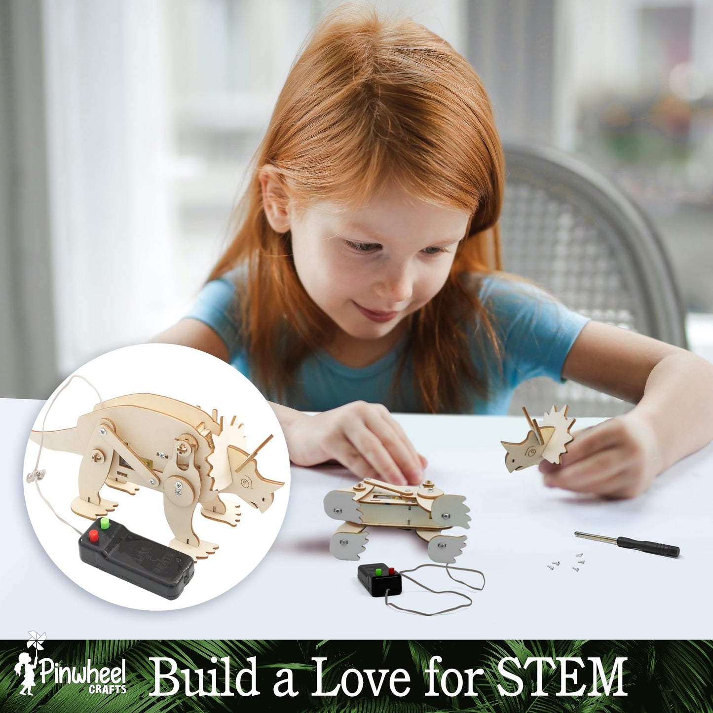 Pinwheel Crafts Robotic Dinosaur Arts & Crafts Science Kit for Kids Ages 6-12 - Wooden Dinosaur Toys with Paints - Ideal Gift for 6-Year-Old Boys