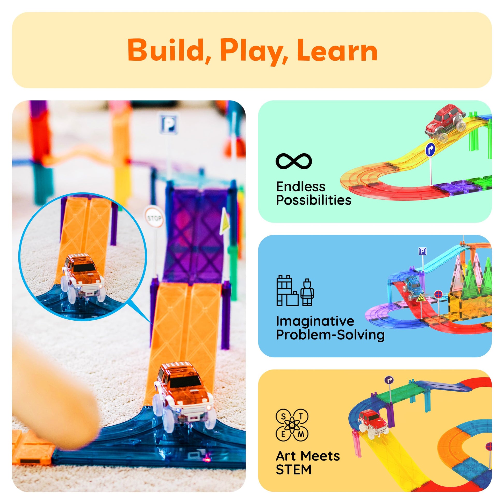 PicassoTiles 6 Piece Magnetic Tiles Race Track Ramp Accessories STEM Building Blocks Toys Magnet Tile Educational Construction Playset Boys Girls