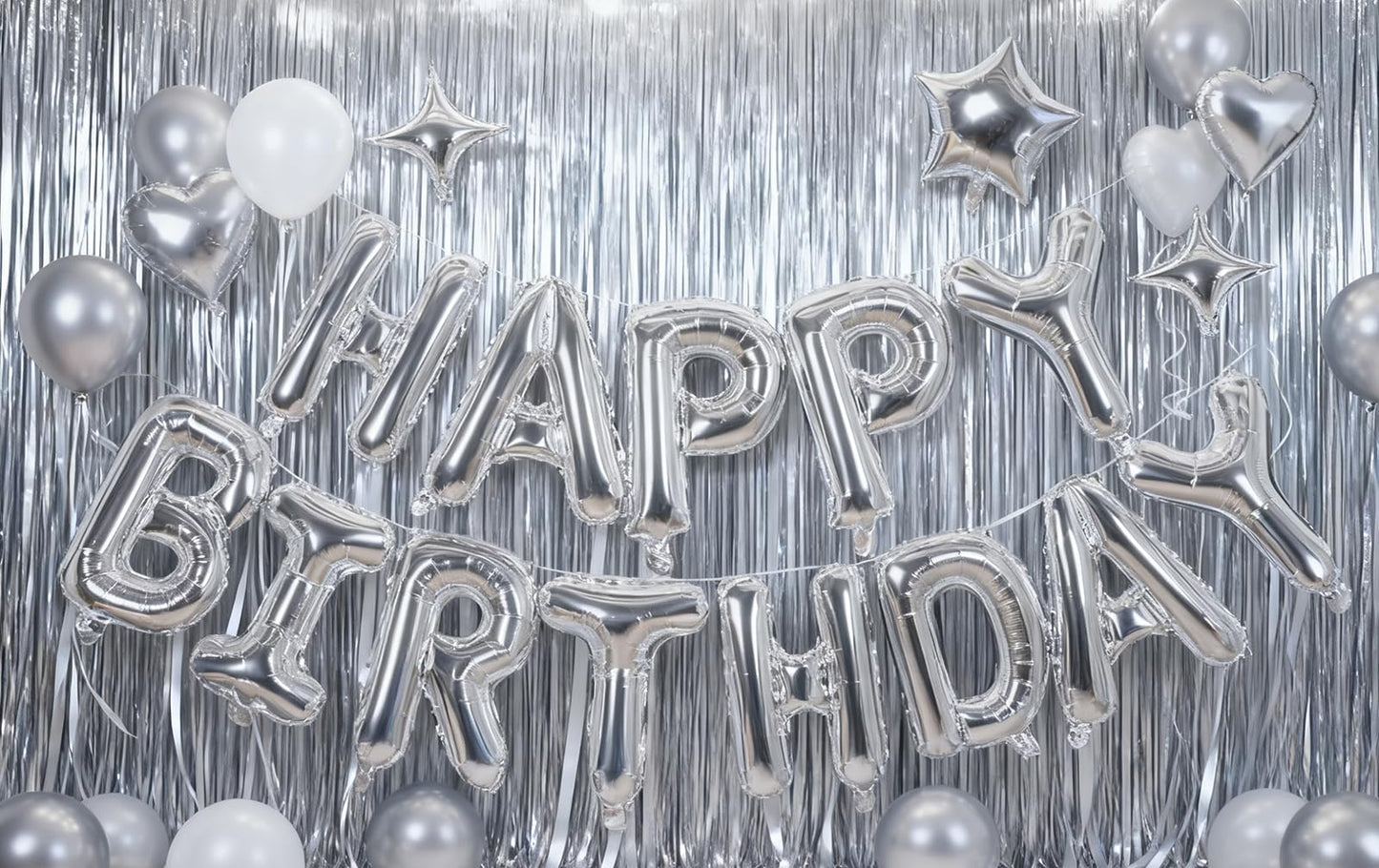 Silver Happy Birthday Banner Balloon Aluminum Foil 16 Inch Letter,10 Inch Five Pointed Star Four Pointed Star Suitable for Kids, Men, Women, Boys
