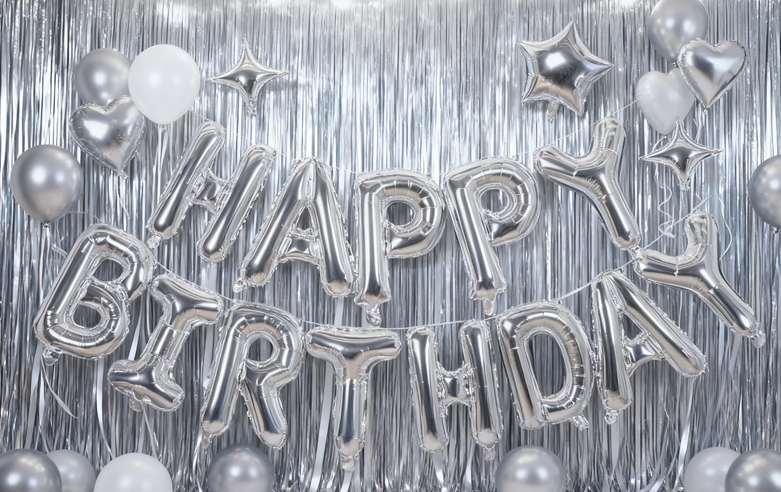 Silver Happy Birthday Banner Balloon Aluminum Foil 16 Inch Letter,10 Inch Five Pointed Star Four Pointed Star Suitable for Kids, Men, Women, Boys