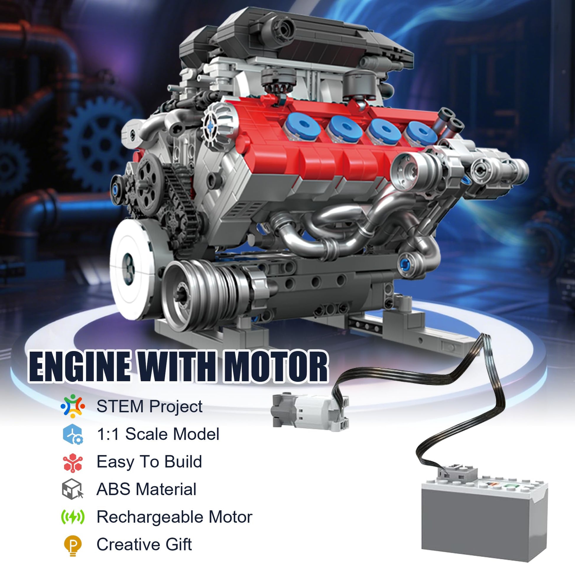 HUNKING V8 Engine Building Set for Adults, Build Your Own MOC Mini V8 Engine STEM Model Toy with Motor, Model kit that Run, Car Engine Building Blocks
