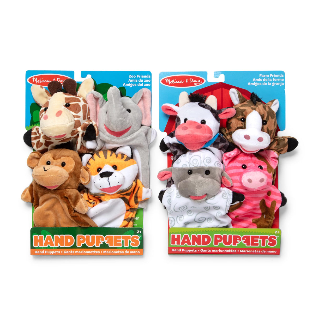 Melissa & Doug Animal Hand Puppets (Set of 2, 4 Animals in Each) - Zoo Friends and Farm Friends