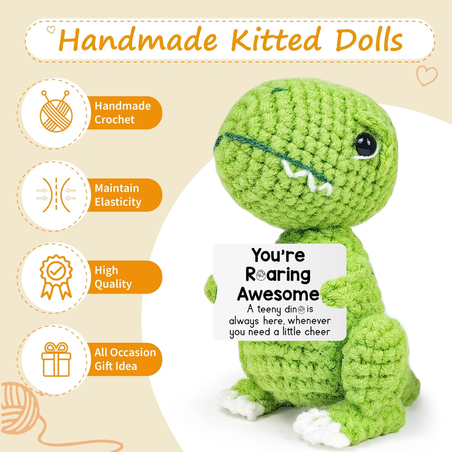 Inspirational Crochet Cheerful Dinosaur - Handmade Cute Reminder Emotional Support Funny Gift for Women Student College Coworkers Birthday Graduation