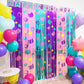Cute Dollhouse Birthday Decorations, 2 Pack Dollhouse Party Photo Booth Prop, Purple Pink Teal Kitty Head Printing Fringe Curtains Tinsel Photo