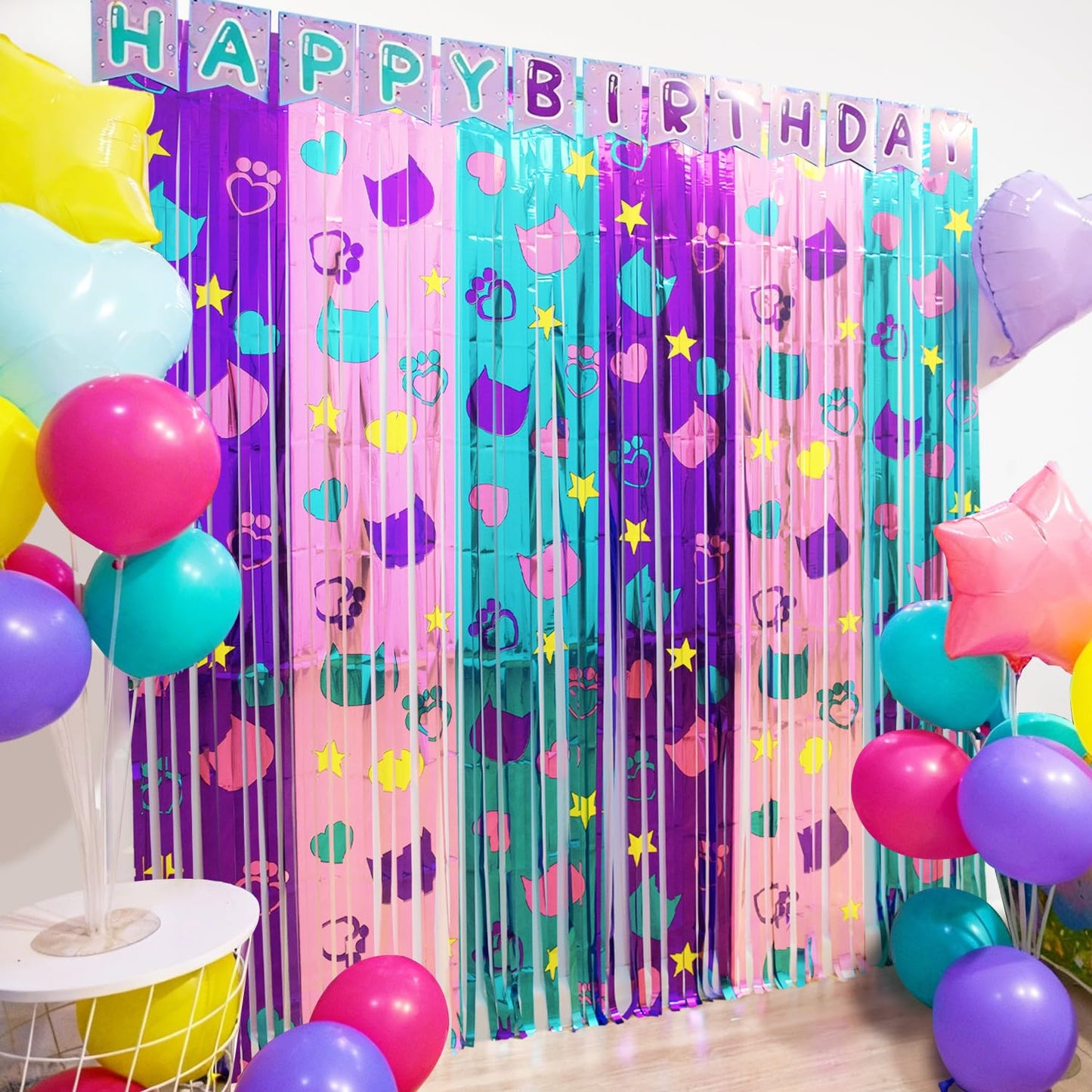Cute Dollhouse Birthday Decorations, 2 Pack Dollhouse Party Photo Booth Prop, Purple Pink Teal Kitty Head Printing Fringe Curtains Tinsel Photo