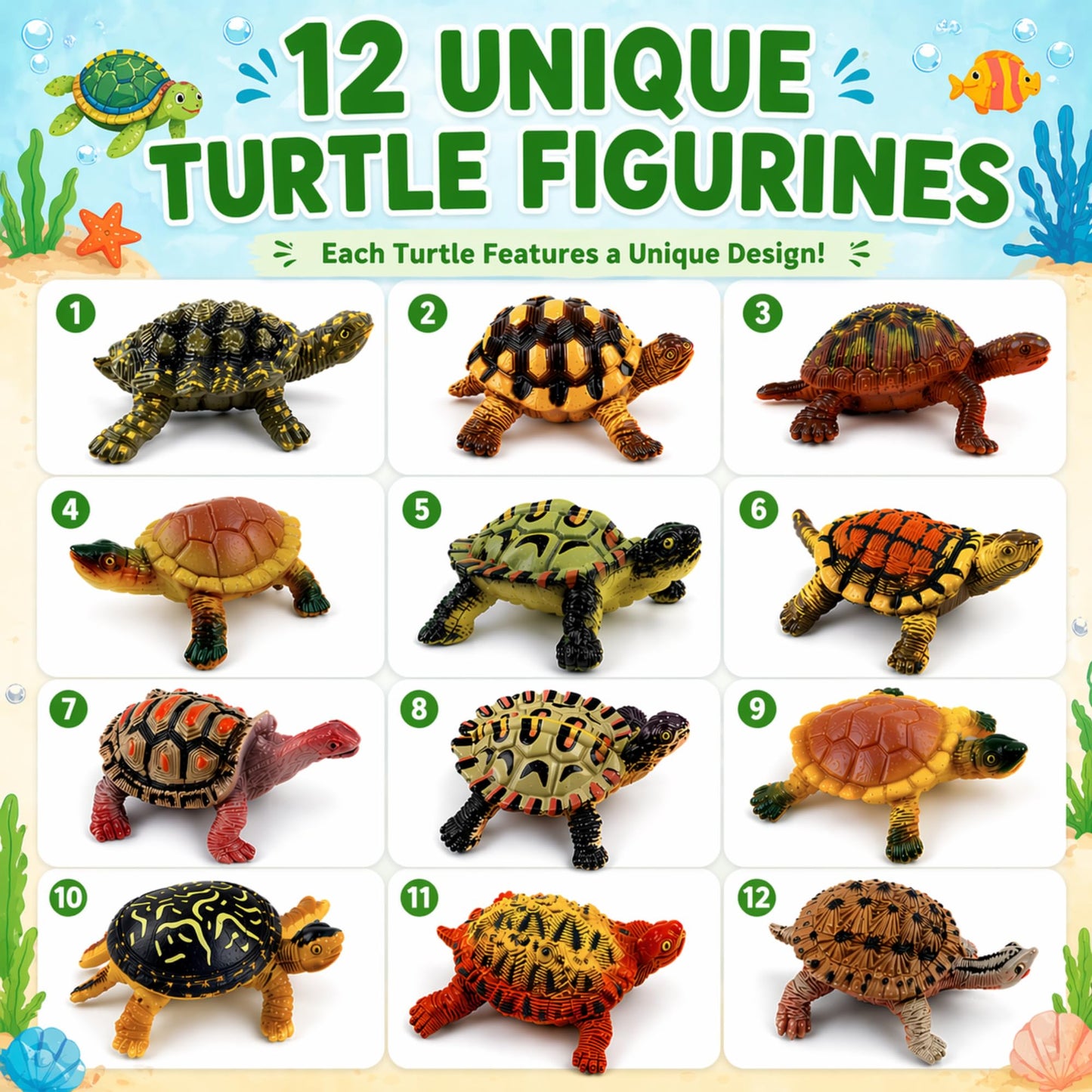 Liberty Imports 12 Piece Sea Turtle Animal Toys - Miniature Figurines - Unique Tortoise Toys Detailed and Hand Painted Reptiles Party Favor