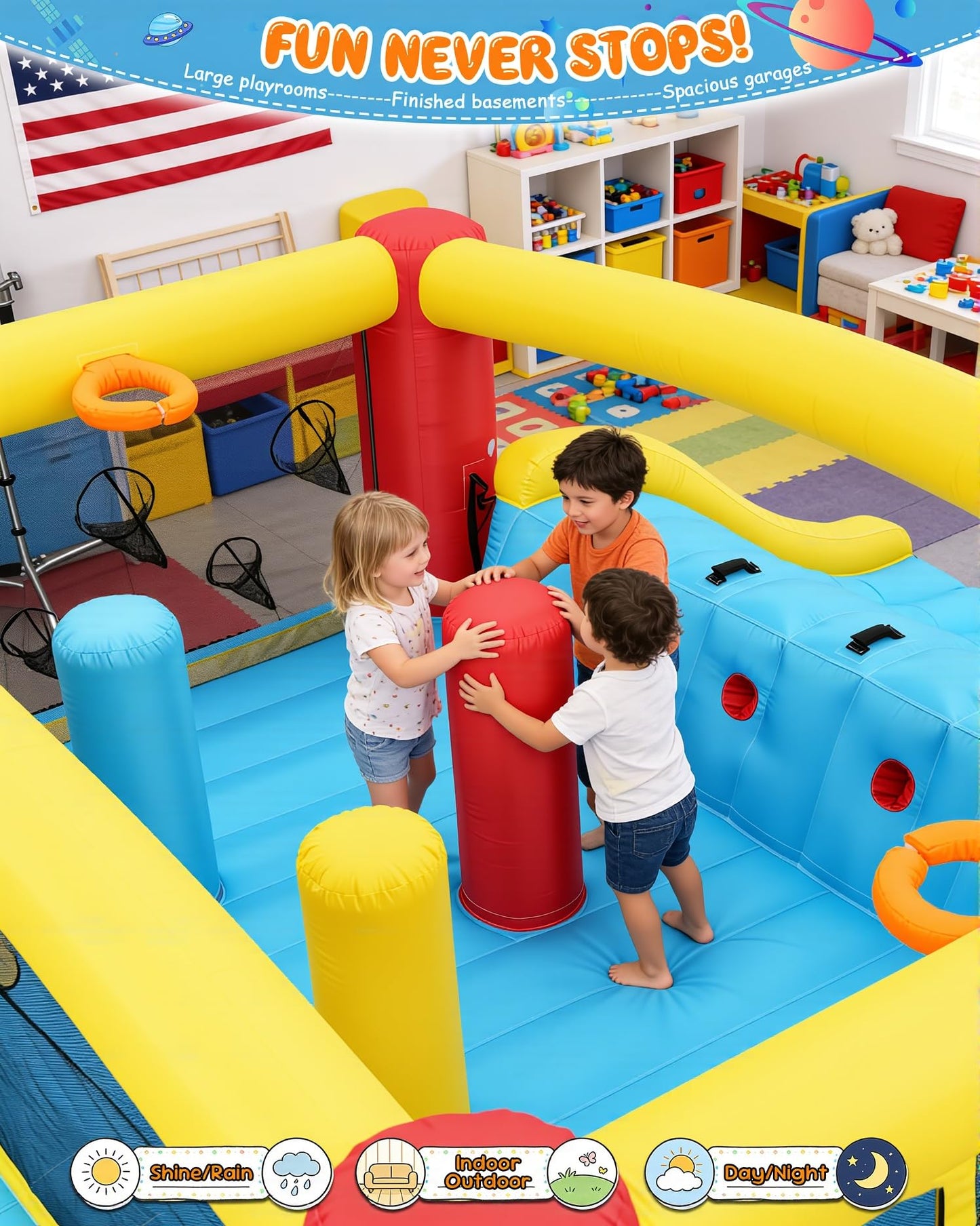 Inflatable Bounce House with Mega Elevated Slide for Big Kids 3-12 Space Rocket Bouncy Castle Play Center with 3 Dodge & Weave Obstacle Course Column