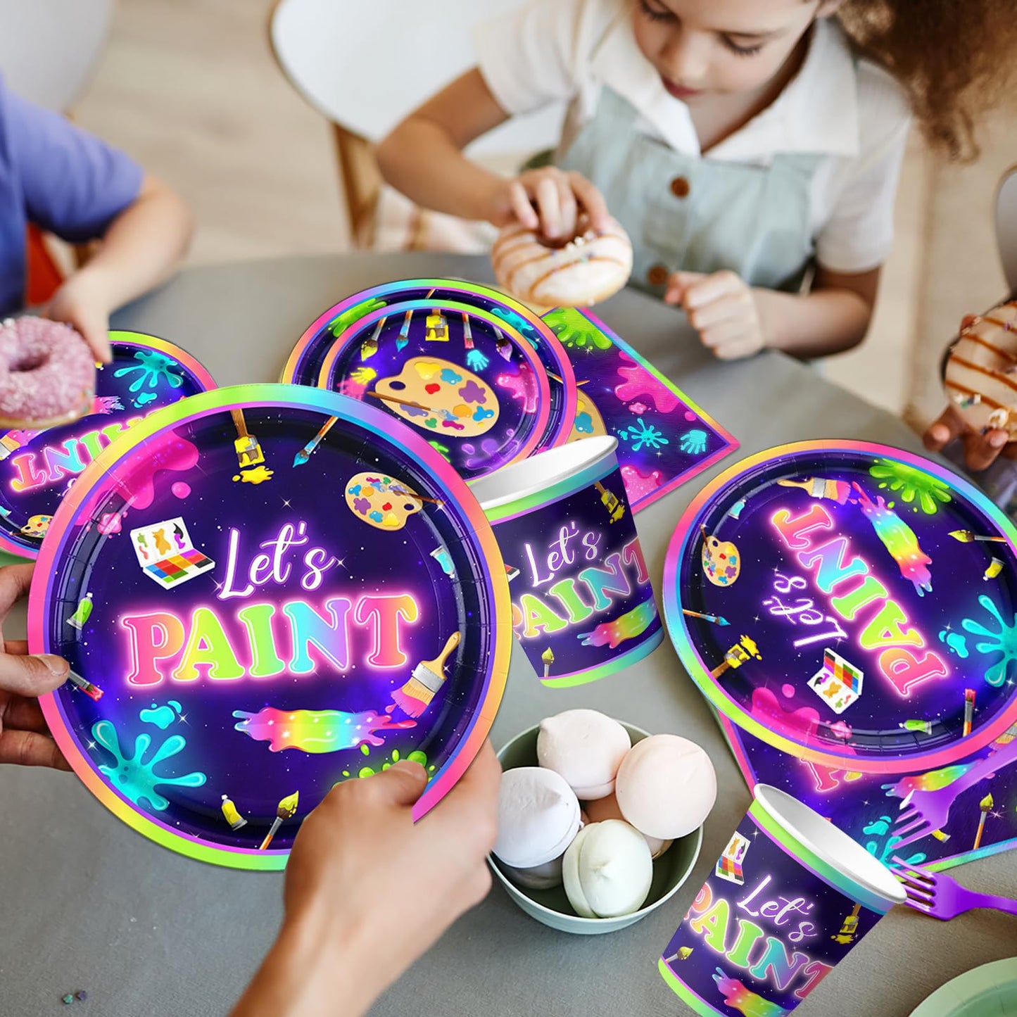 Art Painting Party Supplies,142pcs Paint Splatter Party Tableware Neon Glow Decorations Set Art Party Dessert Plates Paint Splatter Napkins Let’s