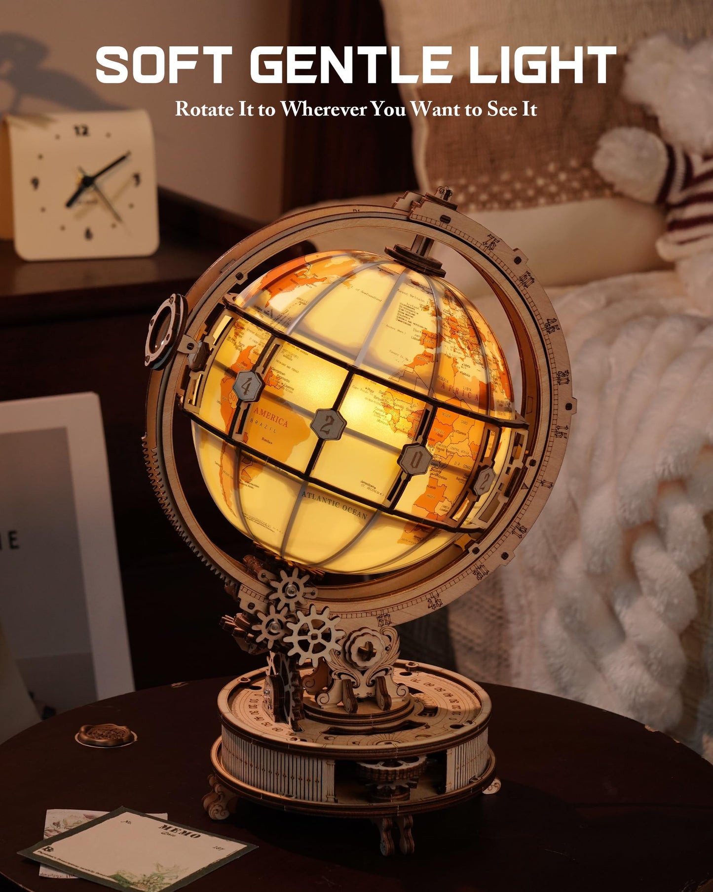 ROBOTIME 3D Wooden Puzzle for Adults - Luminous Globe with Automatic Rotation, ST003 - Wooden 3D Puzzles Building Kit with LED Light - Globe Model