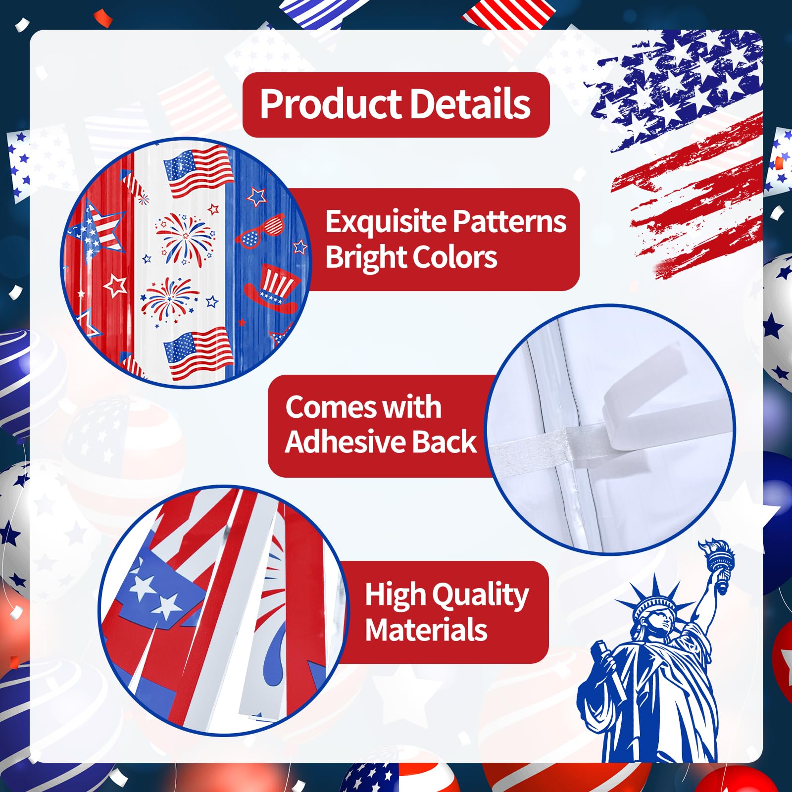 2 Pack 4th of July Foil Fringe Curtains, Red White Blue Patriotic Backdrop Streamers 3.3 x 6.6 ft, American Flag Hanging Decorations for Independence