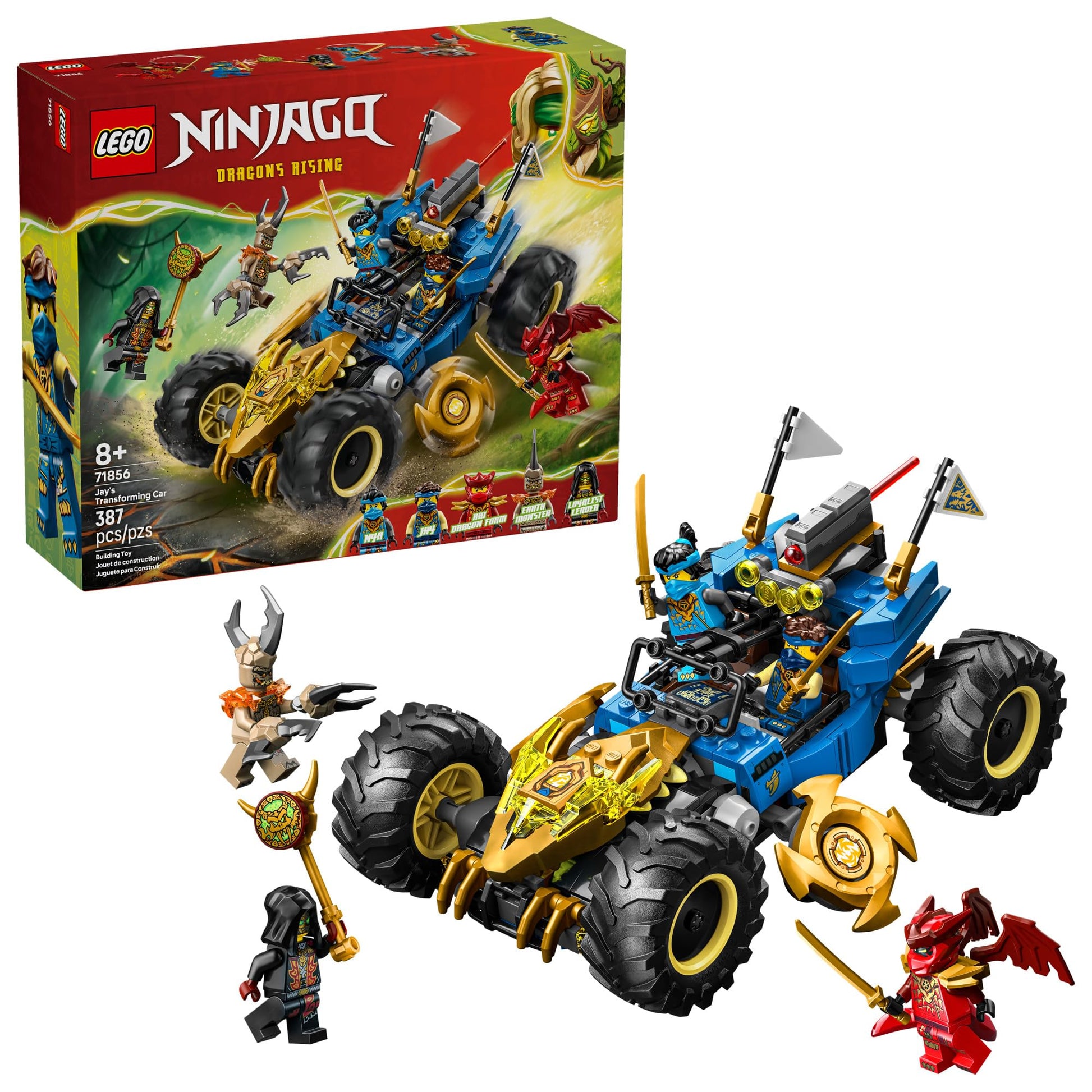LEGO NINJAGO Jay’s Transforming Car Building Toy for Boys & Girls - Toy Car W/2 Play Modes for Kids, Ages 8+ - W/Jay, NYA, Dragon Form Kai, & 2 More
