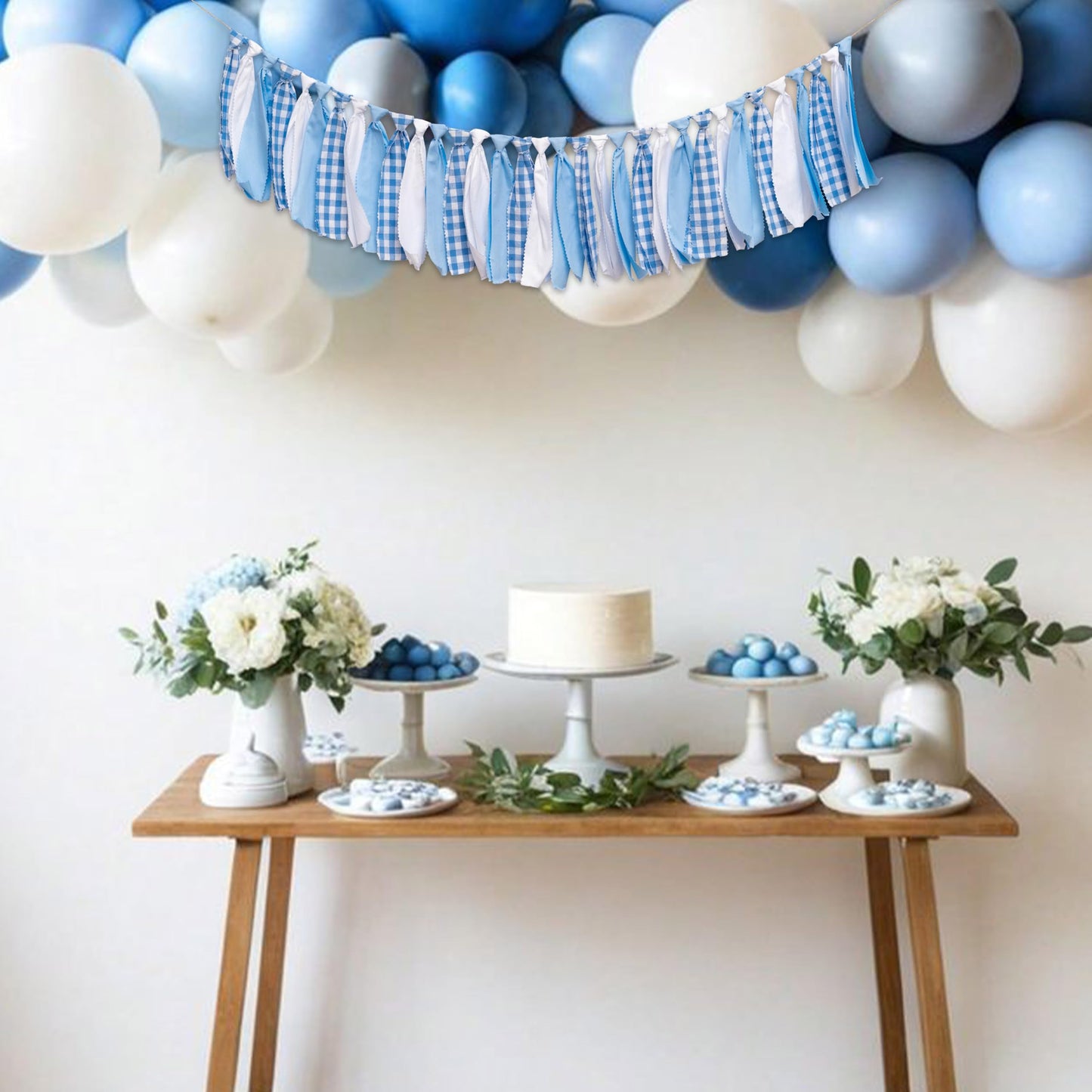 SOLUXIKA Blue and White Gingham Banner/Garland - First Birthday High Chair Banner,Gingham Garland For Baby Shower,Wall Hanging, Nursery Decor,Party