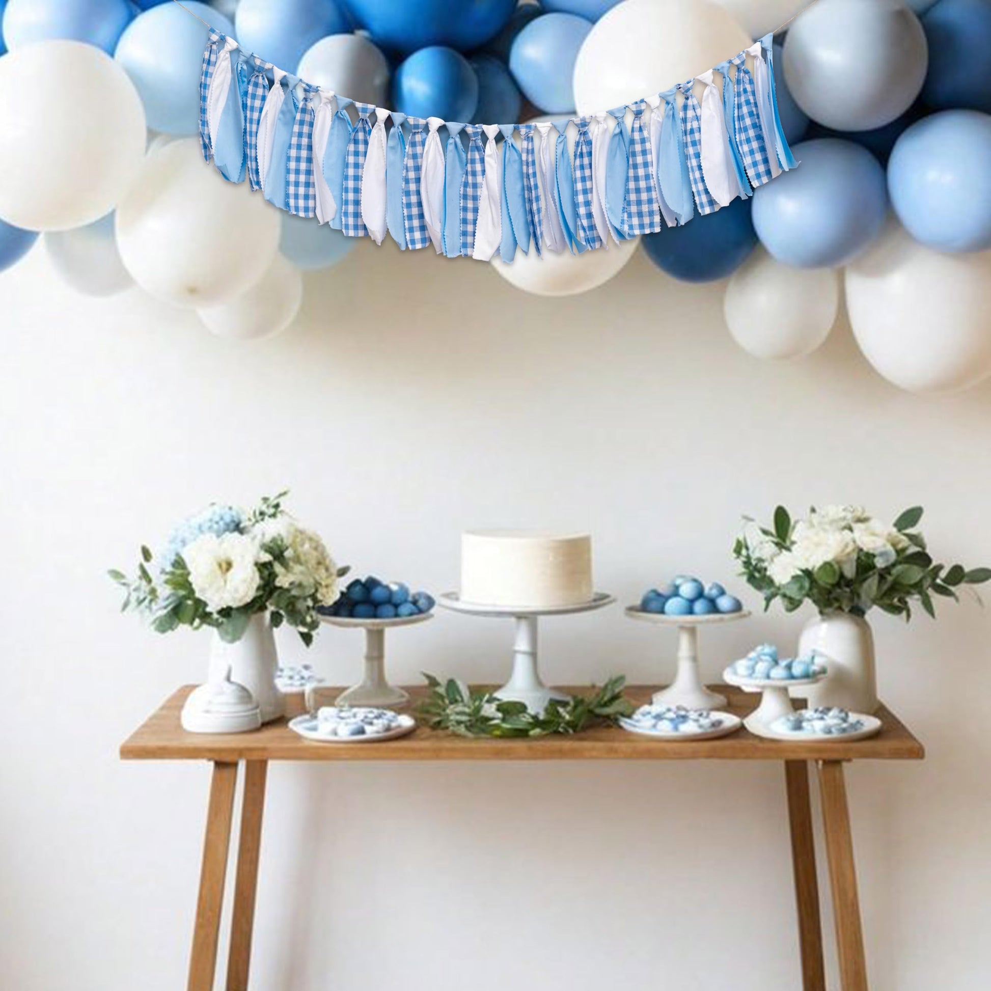 SOLUXIKA Blue and White Gingham Banner/Garland - First Birthday High Chair Banner,Gingham Garland For Baby Shower,Wall Hanging, Nursery Decor,Party