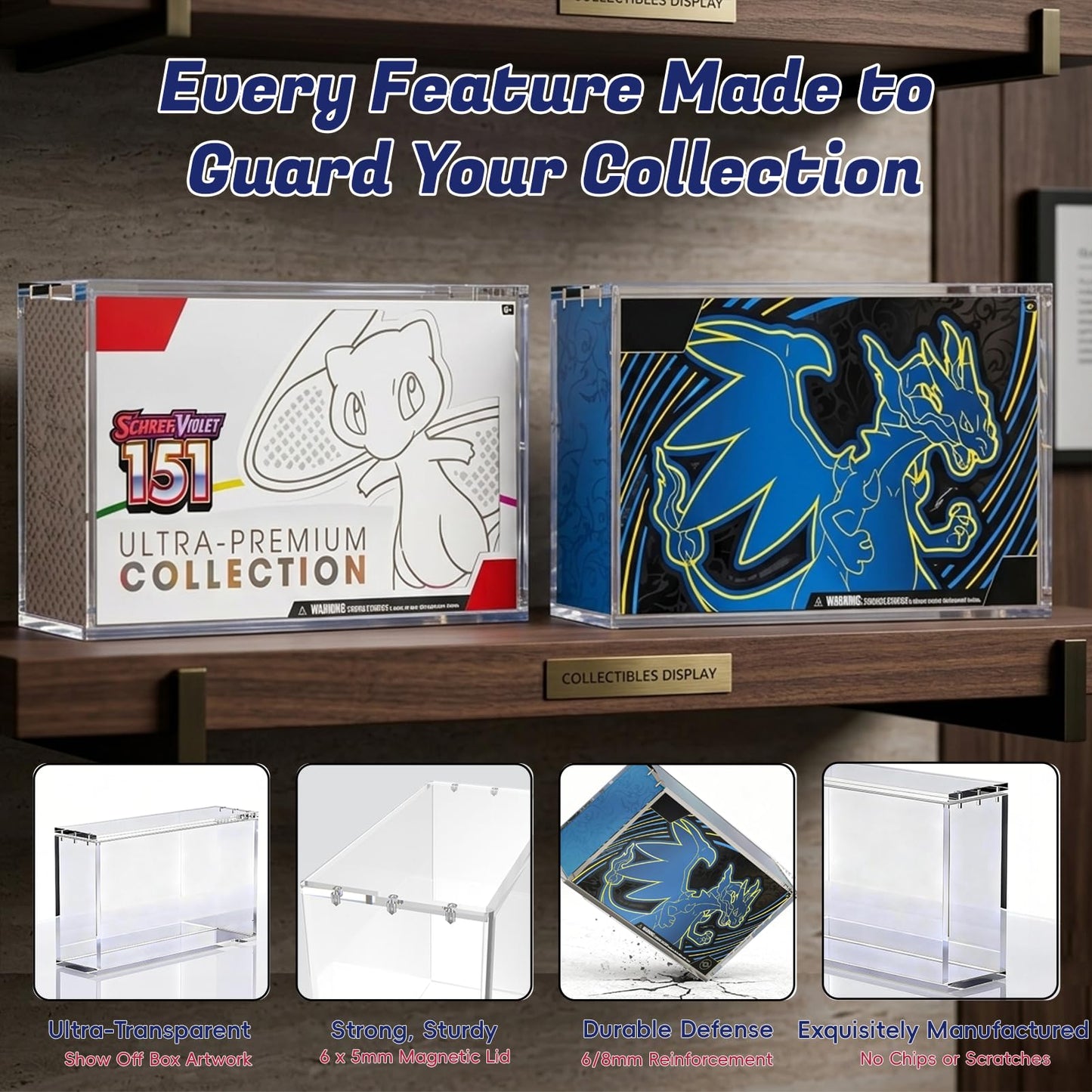 PKMN UPC Acrylic Case Protector - 8mm + 5mm Ultra Thick Clear Acrylic Display Case with Magnetic Lid, Collector Display Box Compatible with Mega