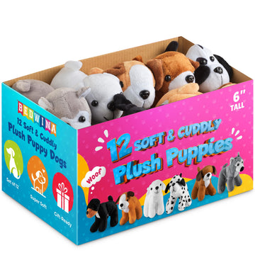 Bedwina Plush Puppy Dogs - (Pack of 12) 6 Inches Tall Small Stuffed Animals Bulk Assorted Puppies and Cute Stuffed Plushed Adopt-a-Puppy Dog