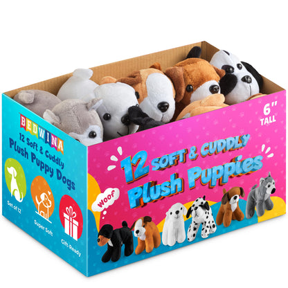 Bedwina Plush Puppy Dogs - (Pack of 12) 6 Inches Tall Small Stuffed Animals Bulk Assorted Puppies and Cute Stuffed Plushed Adopt-a-Puppy Dog