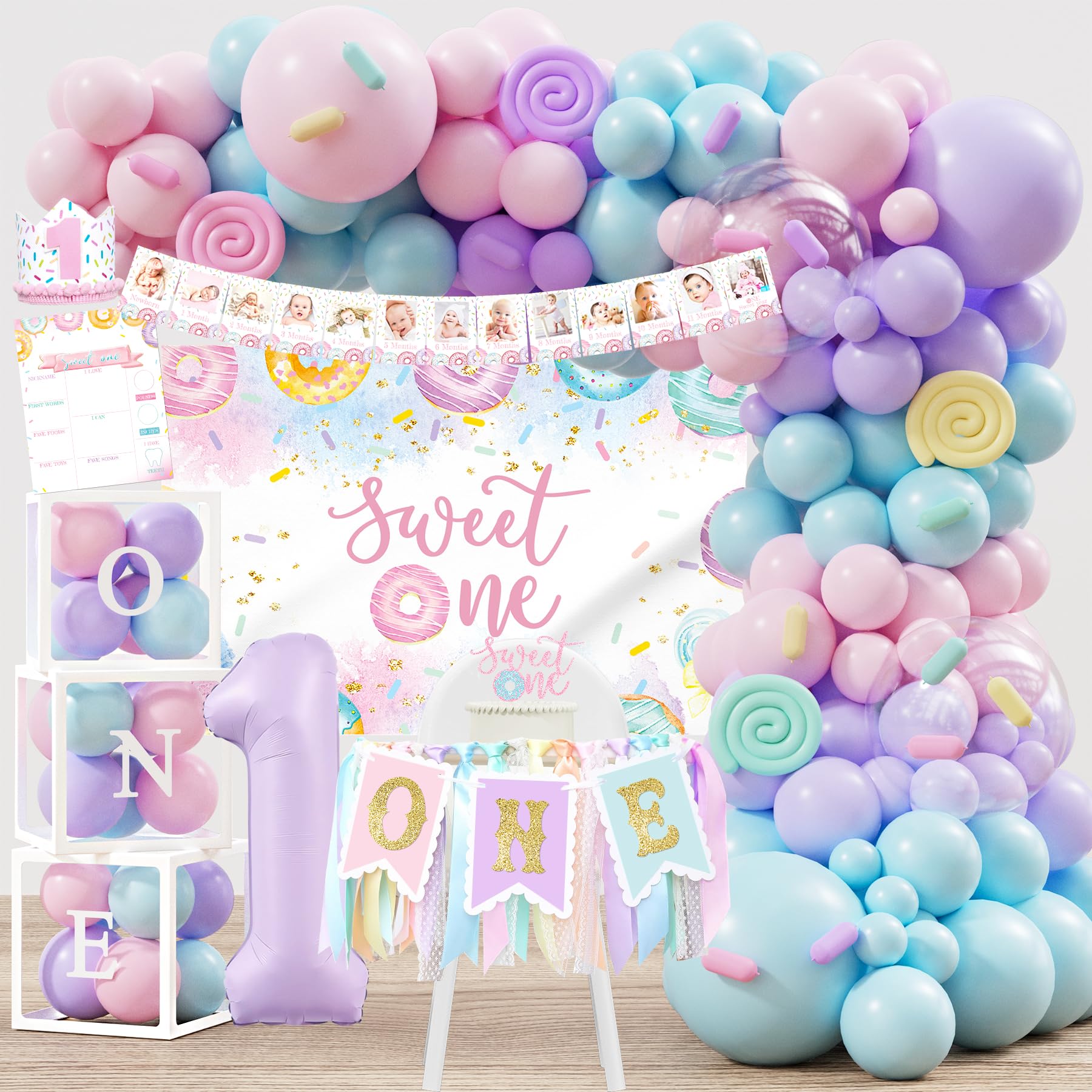 1st Birthday Decorations for Girl, 145pcs Sweet One Birthday Party Decorations Supplies, Donut 1st Birthday- Decoration Girl, Ice Cream Candy First