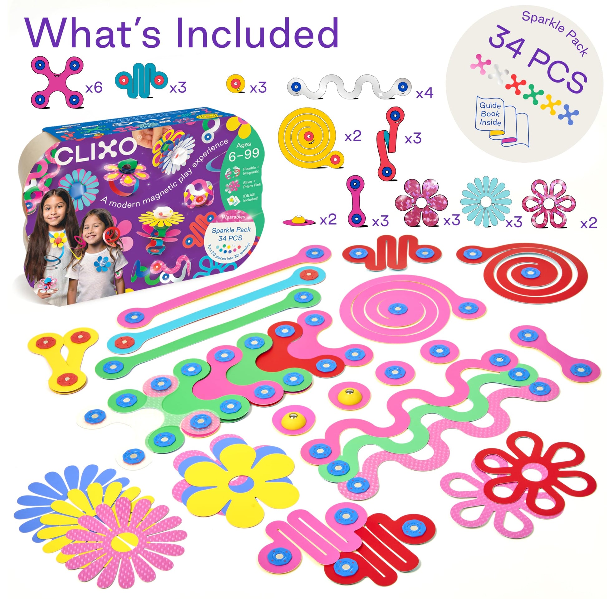 Clixo Sparkle Pack - 34-Piece Magnetic Building Set with Holographic Patterns | Create Necklaces, Bracelets & Headpieces | Flexible STEAM Toy for Kids