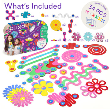 Clixo Sparkle Pack - 34-Piece Magnetic Building Set with Holographic Patterns | Create Necklaces, Bracelets & Headpieces | Flexible STEAM Toy for Kids