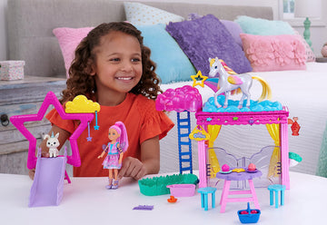 Barbie A Touch of Magic Chelsea Small Doll & Pegasus Playset with Stable, Slide, Pet Bunny 10+ Accessories, Color-Change Winged Horse Toy