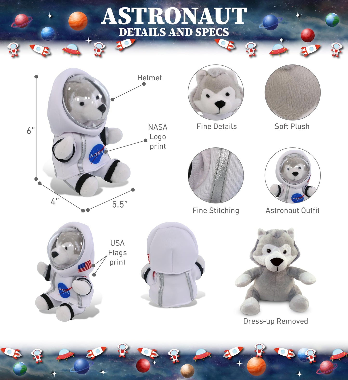 DolliBu Grey Wolf Astronaut Plush Toy - Wild Life Astronaut Stuffed Animal with Space Helmet and NASA Astronaut Suit, Spaceman Doll Decor for Girls