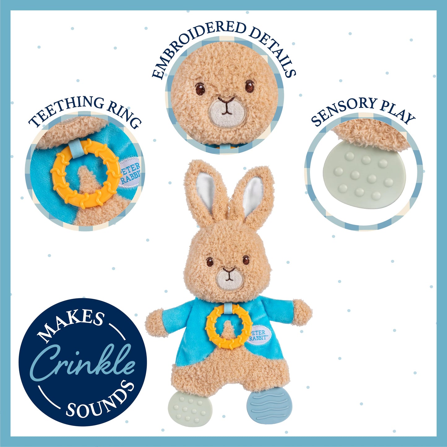 Kids Preferred Beatrix Potter Peter Rabbit Flat Sensory Blanky Interactive Baby Teether Toy with Crinkle Sounds, Soft Textures, Bright Colors,