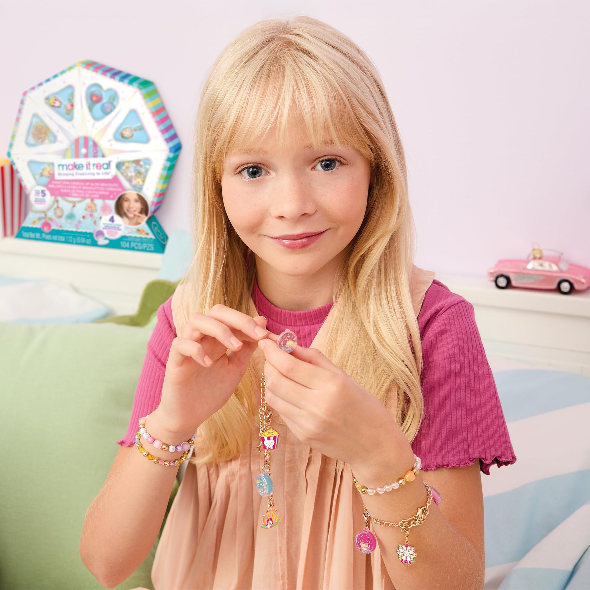 Make It Real: Sweet Spin Carnival Lip Gloss Bracelets - 104pc, DIY Jewelry Craft Kit, Design 5 Charm Chain Bracelets, Strawberry-Scented Gloss, Kid 8+