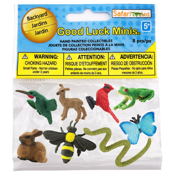 Safari Ltd. Good Luck Minis Backyard Fun Pack - Mini Figurines Including Rabbit, Frog, Butterfly, Snake, Doe, Cardinal, Honey Bee, Hummingbird